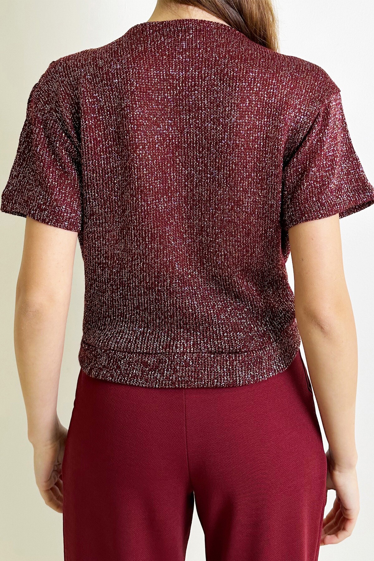 Simli Bordo Kruvaze Yaka Kısa Kol Simli Örme Crop Bluz