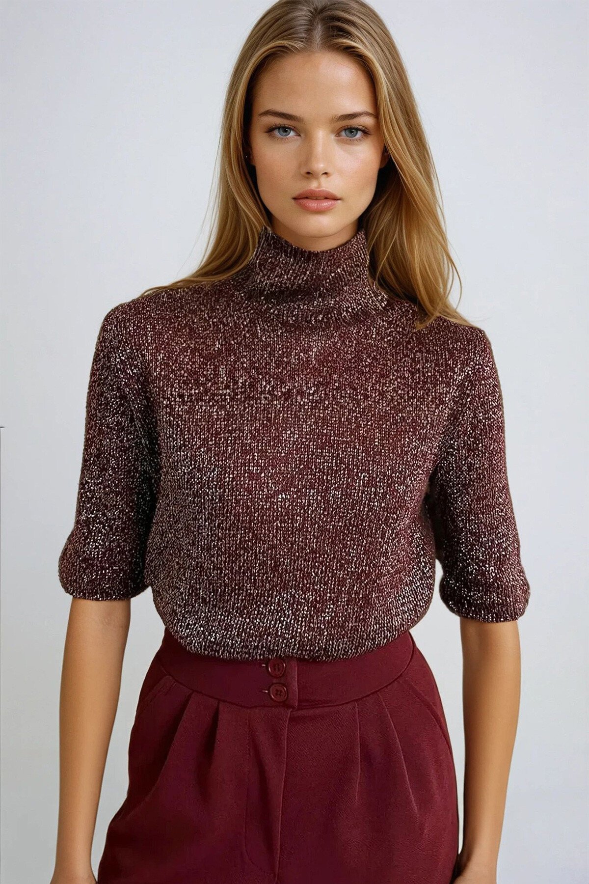 Simli Bordo Yarım Balıkçı Yaka Yarım Kol Triko Bluz