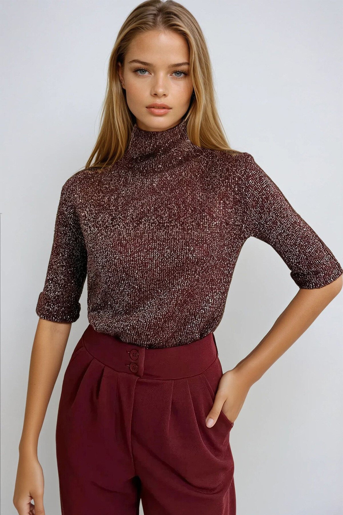 Simli Bordo Yarım Balıkçı Yaka Yarım Kol Triko Bluz