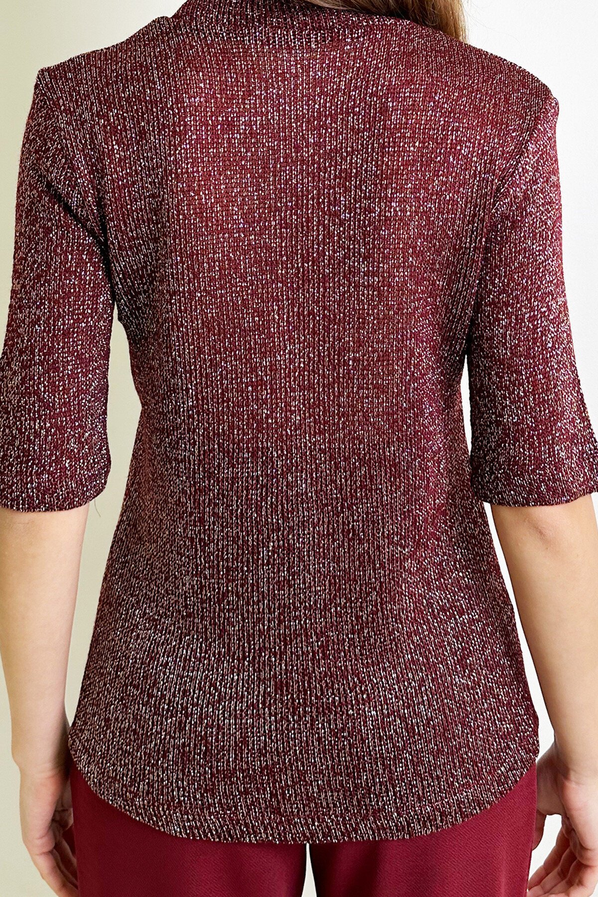 Simli Bordo Yarım Balıkçı Yaka Yarım Kol Triko Bluz