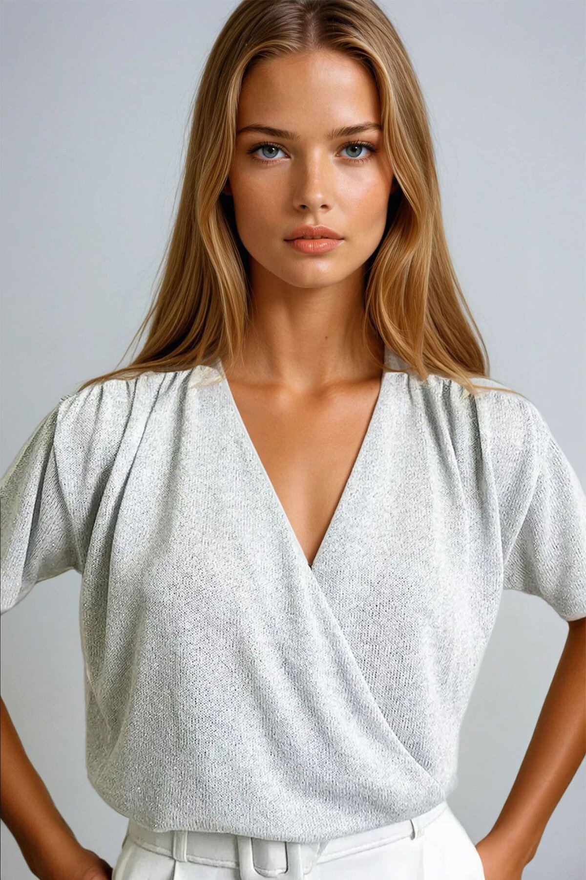 Simli Gri Kruvaze Yaka Kısa Kol Simli Örme Crop Bluz