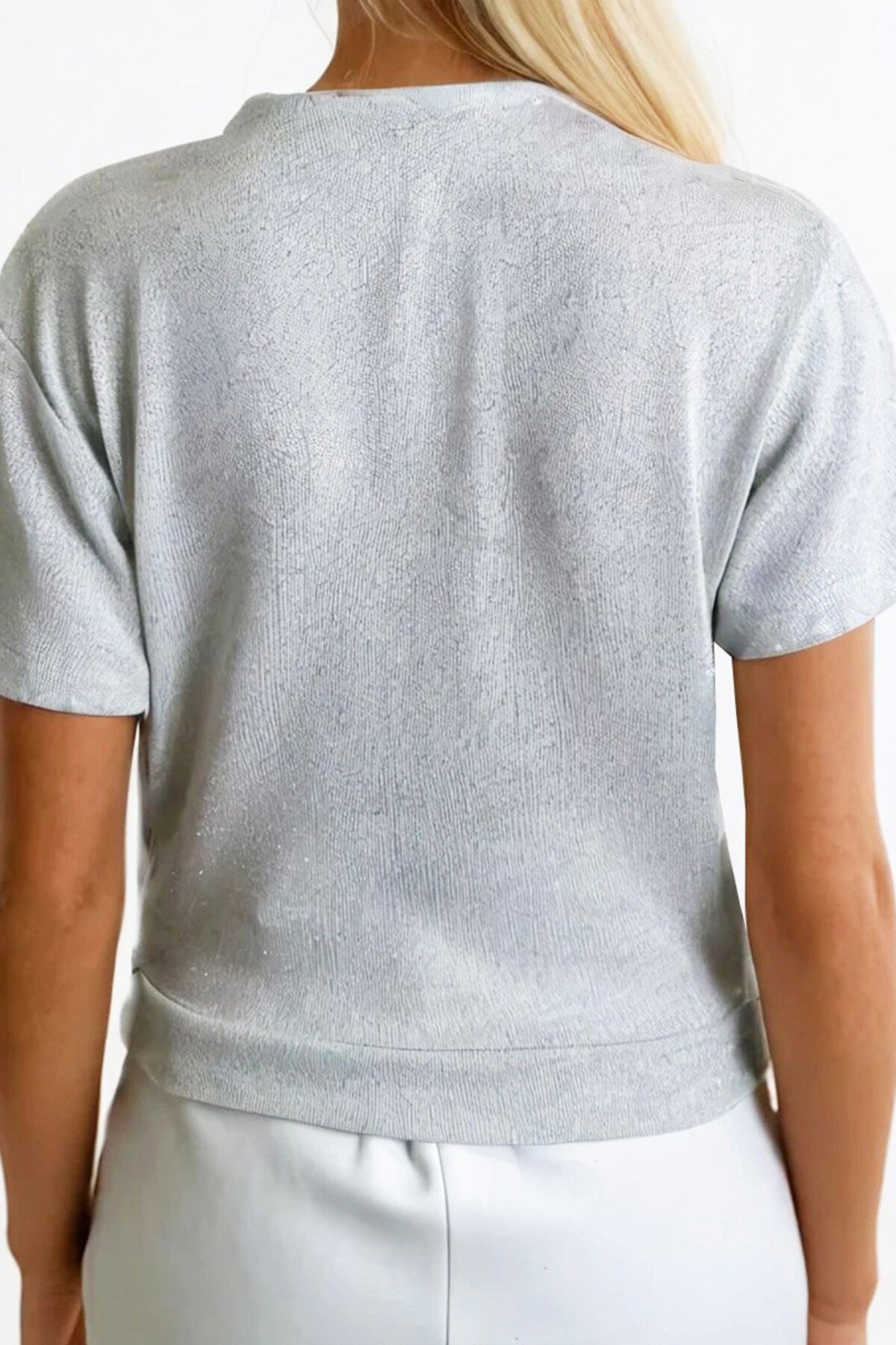 Simli Gri Kruvaze Yaka Kısa Kol Simli Örme Crop Bluz