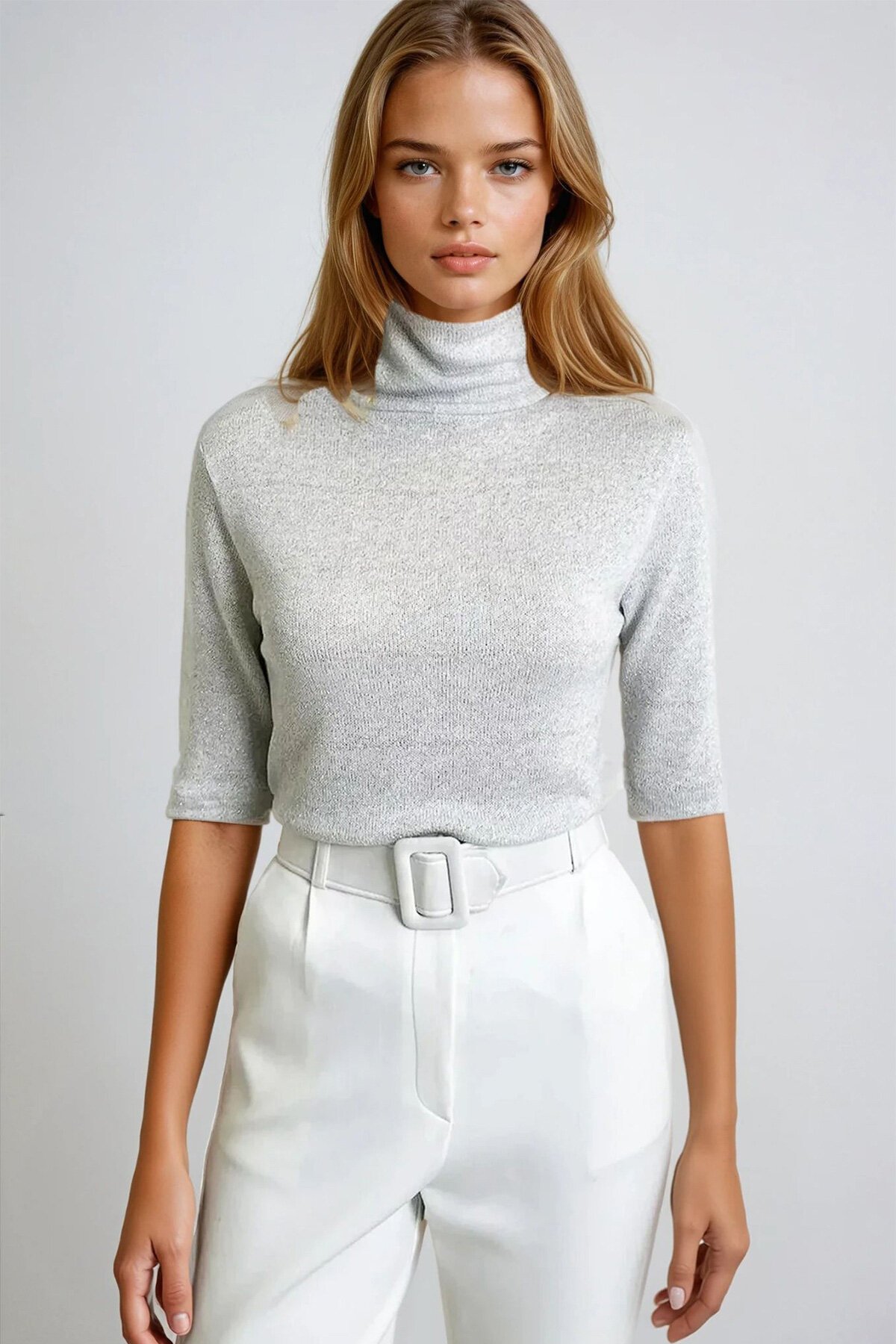 Simli Gri Yarım Balıkçı Yaka Yarım Kol Triko Bluz