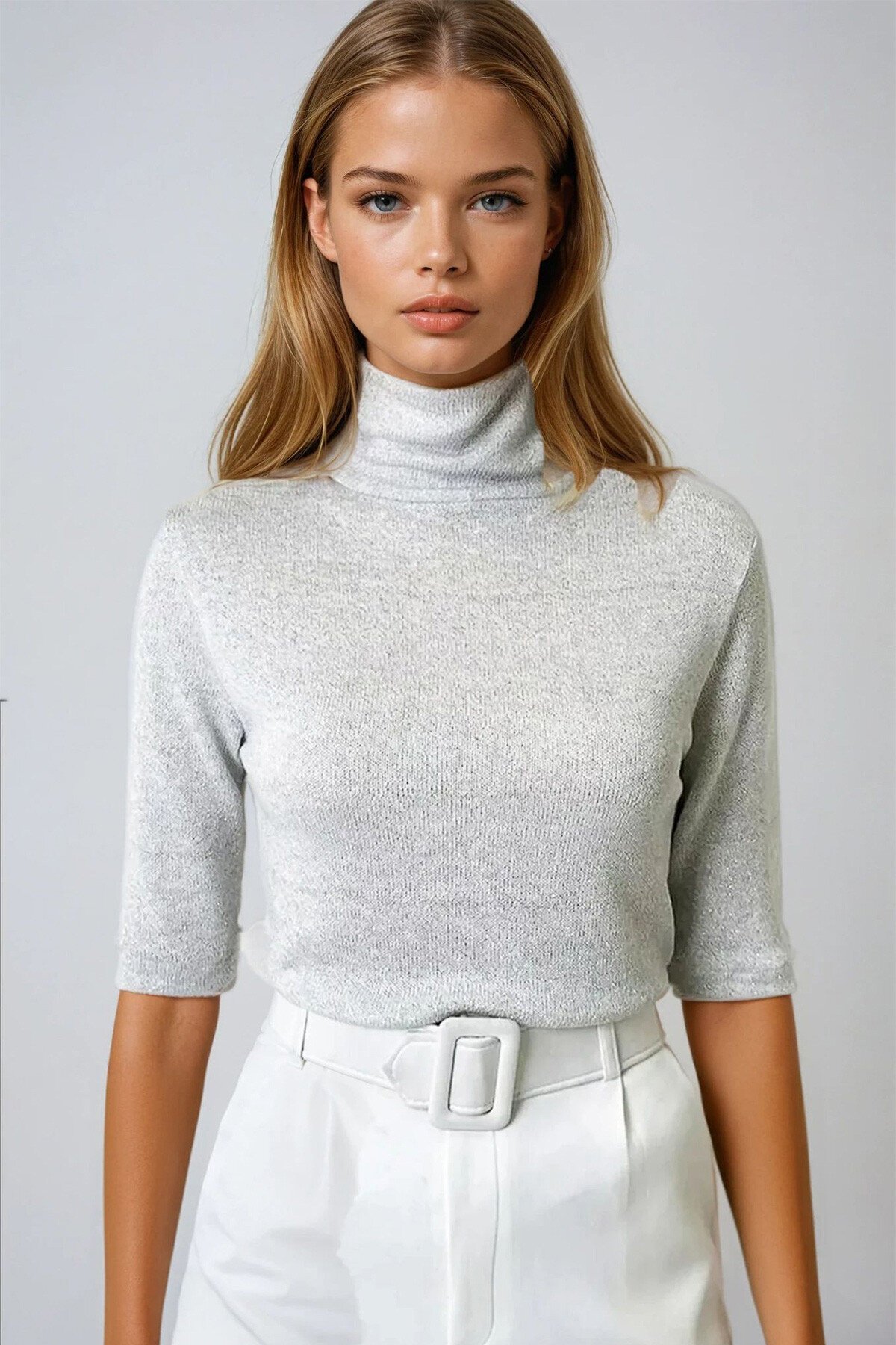 Simli Gri Yarım Balıkçı Yaka Yarım Kol Triko Bluz