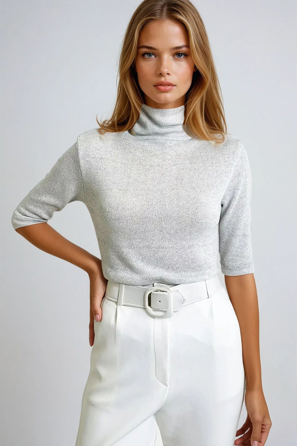 Simli Gri Yarım Balıkçı Yaka Yarım Kol Triko Bluz