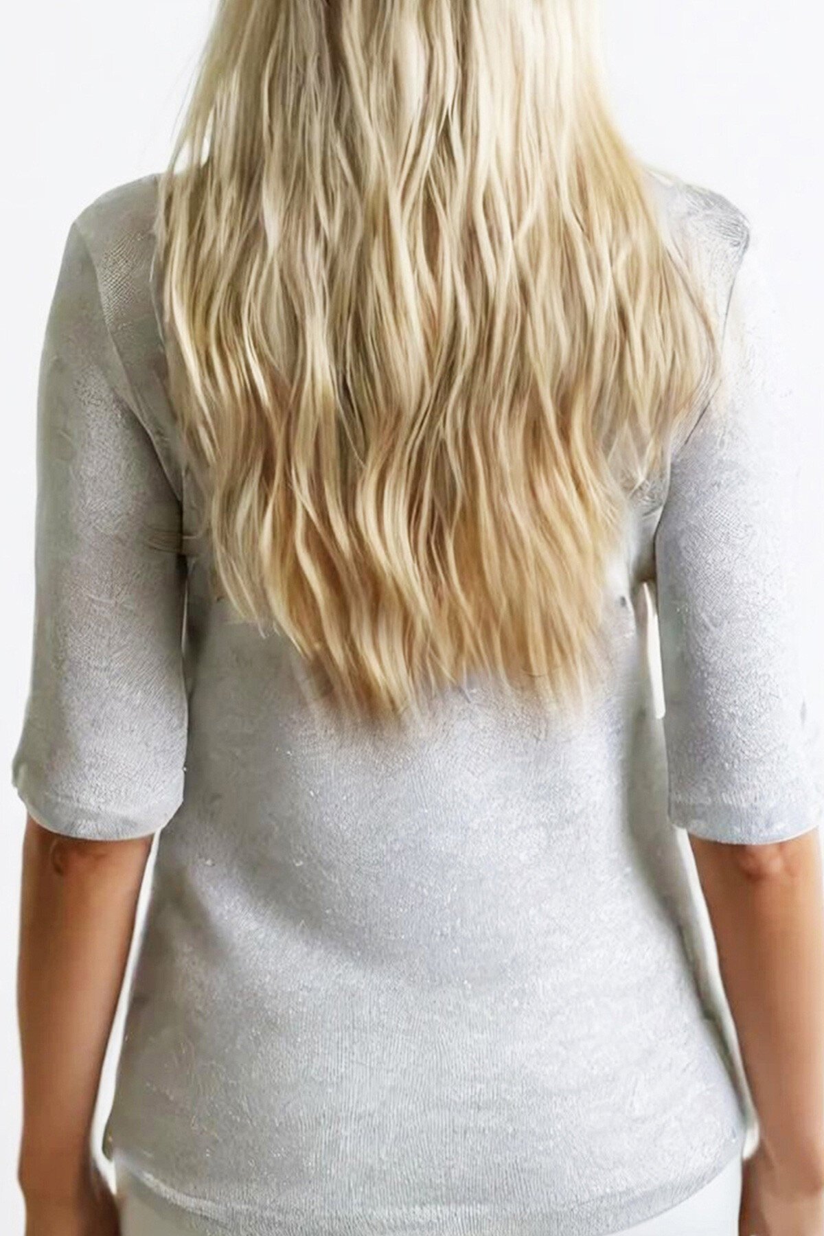 Simli Gri Yarım Balıkçı Yaka Yarım Kol Triko Bluz