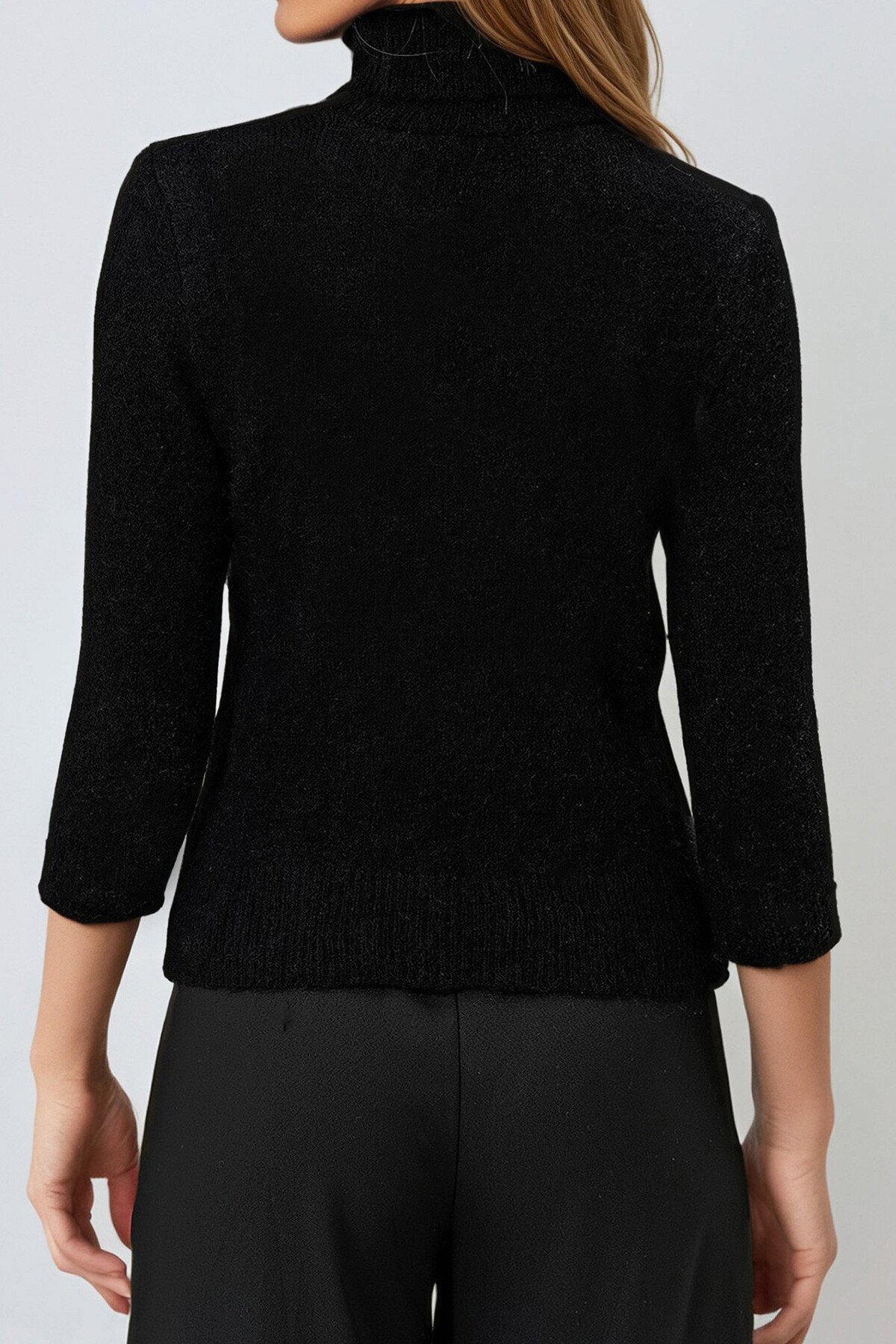 Siyah Balıkçı Yaka Tüylü Kazak