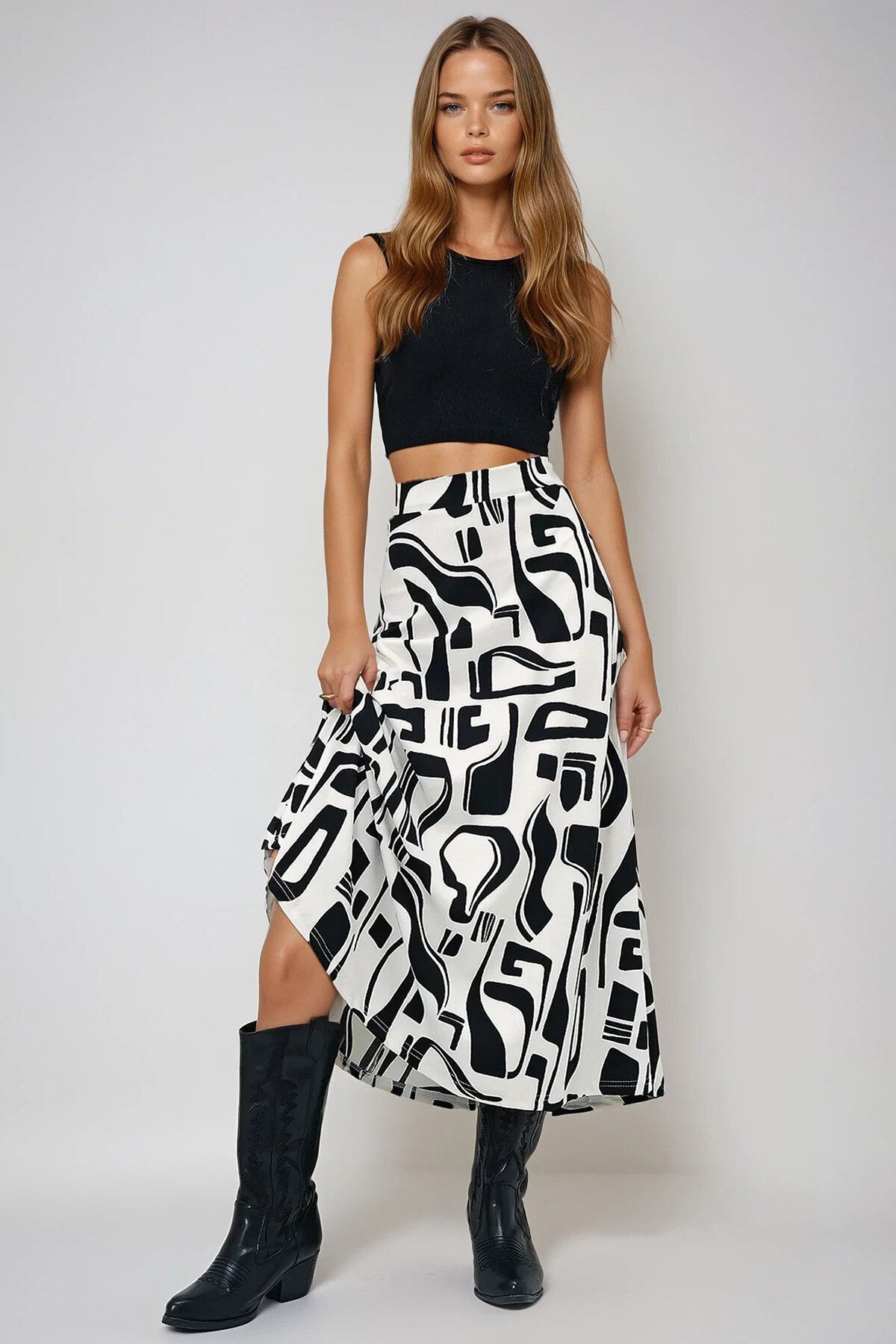 Siyah Batik Desenli Beli Lastikli Rahat Kesim Etek