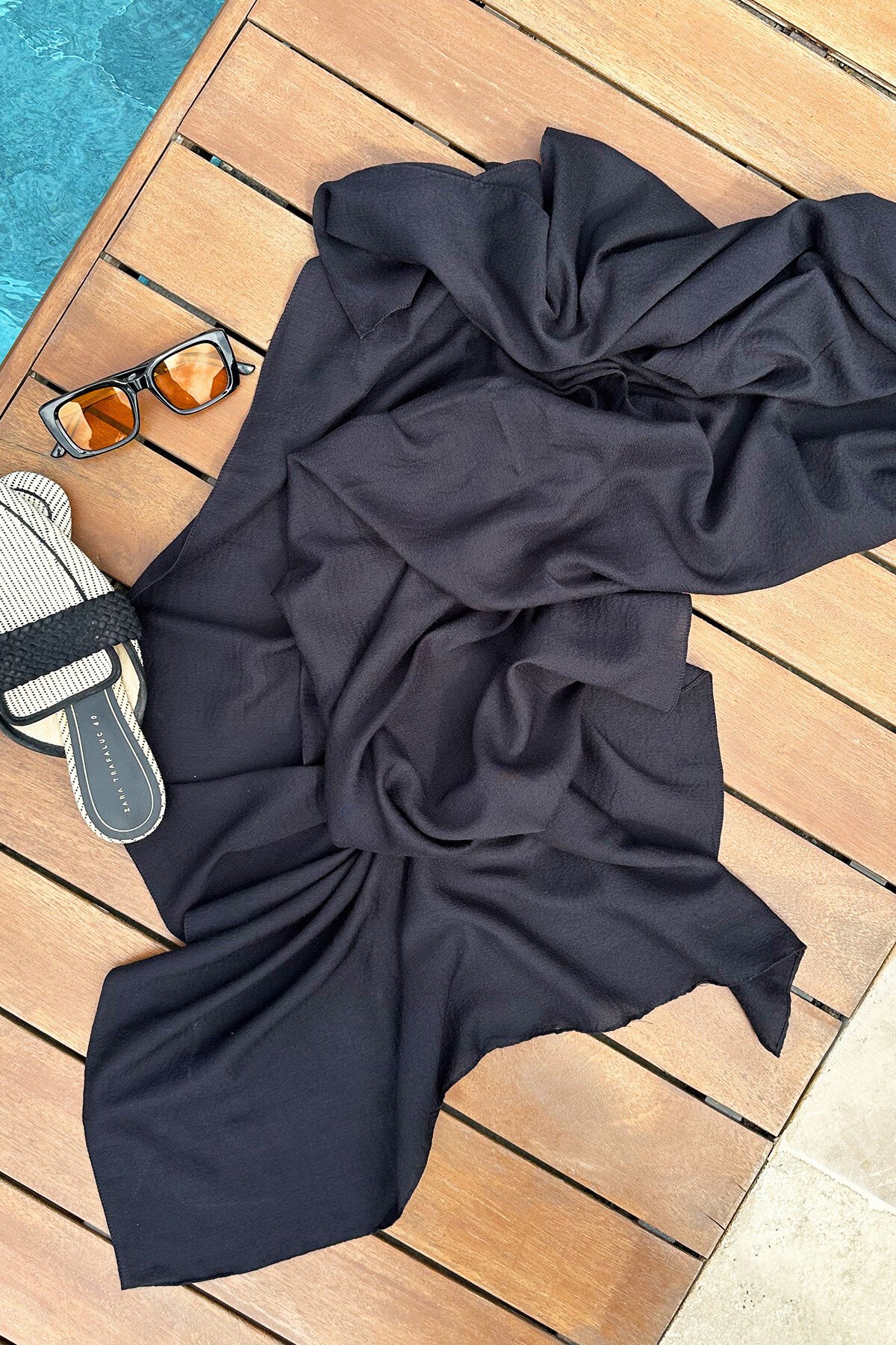 Siyah Belden Bağlamalı Pamuk Şal Plaj Pareo