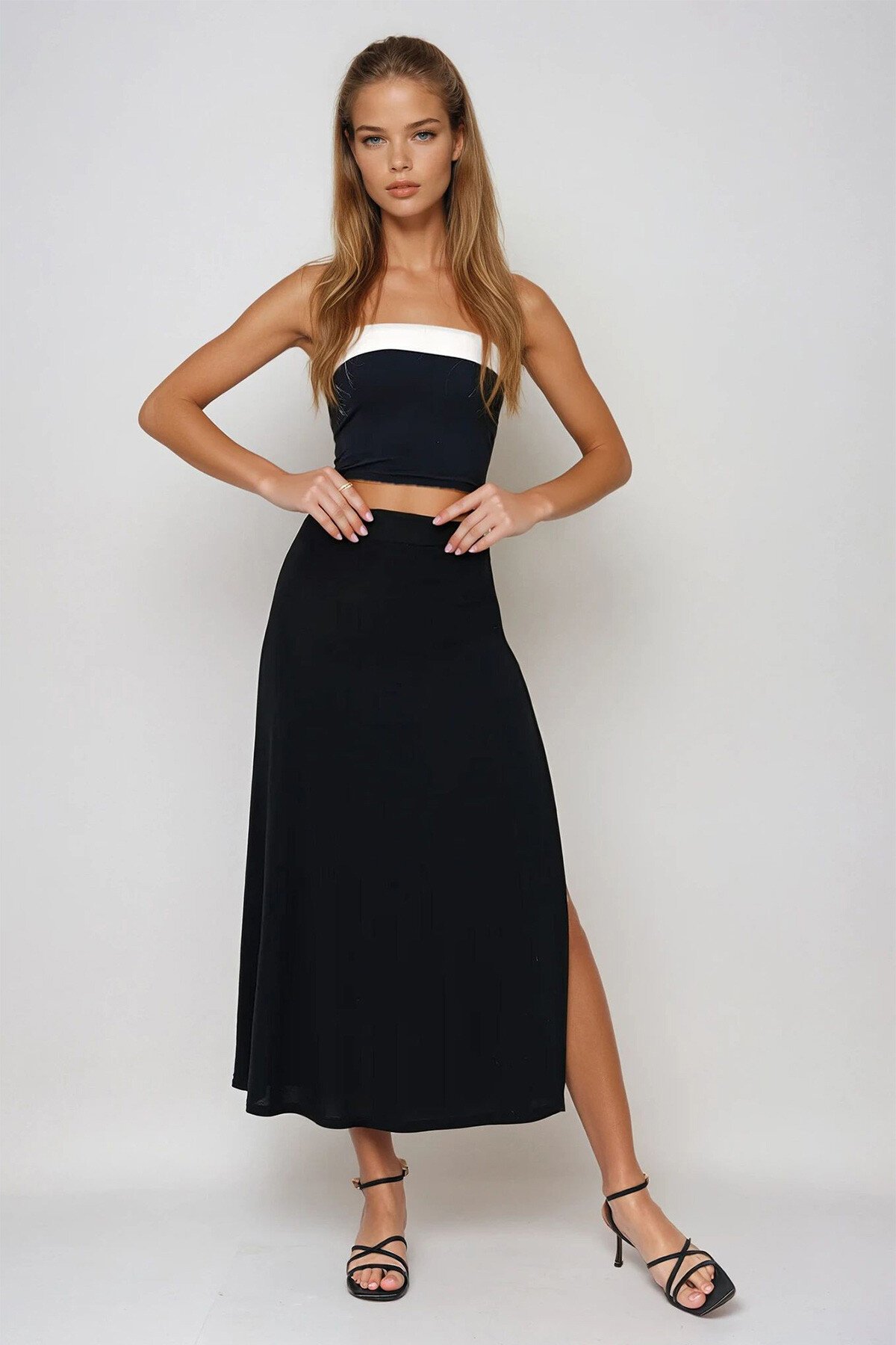 Siyah Beli Lastikli Derin Yırtmaçlı Sandy Kumaş Etek