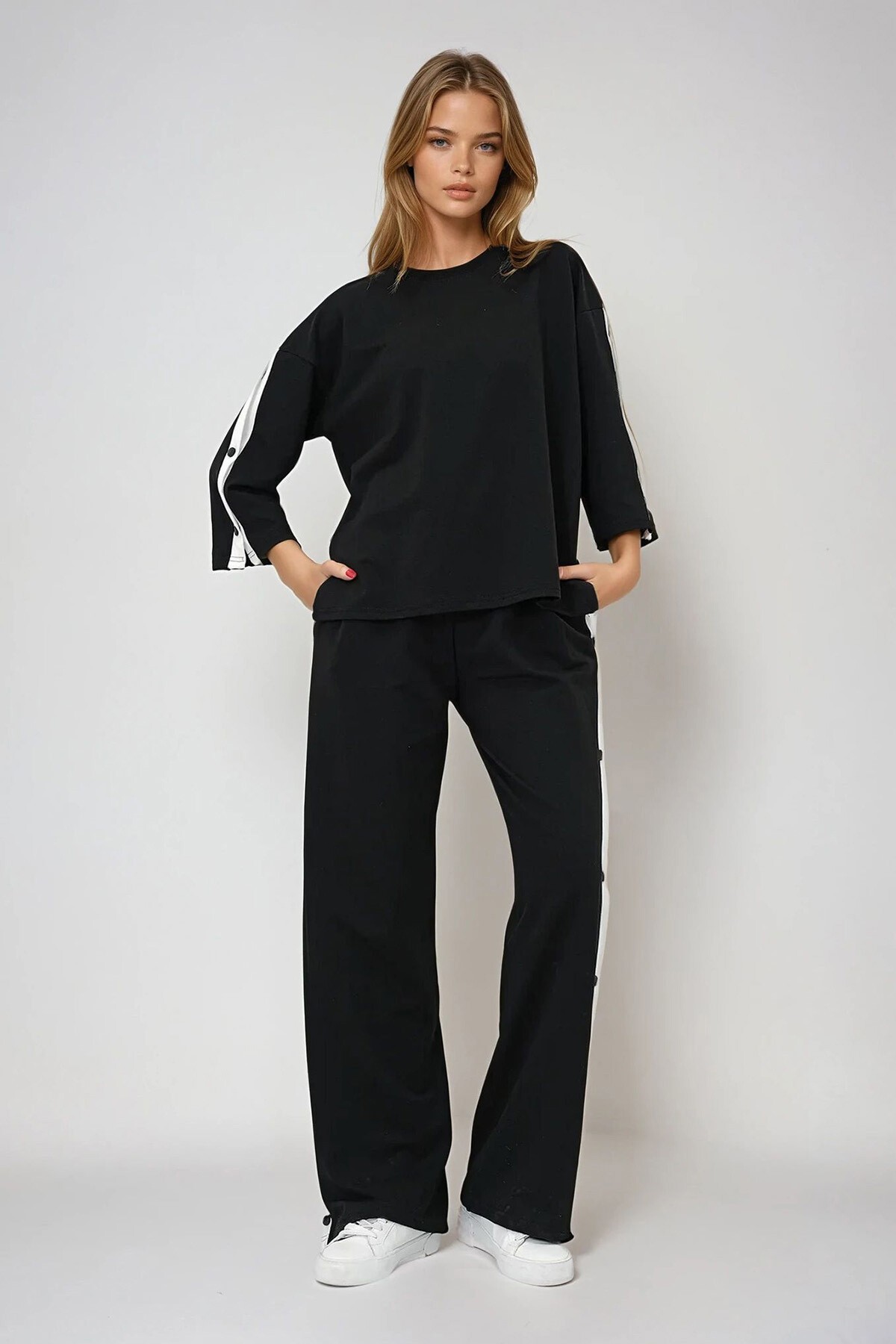 Siyah Bisiklet Yaka Çıtçıt Kapamalı İli İplik Eşofman Takım