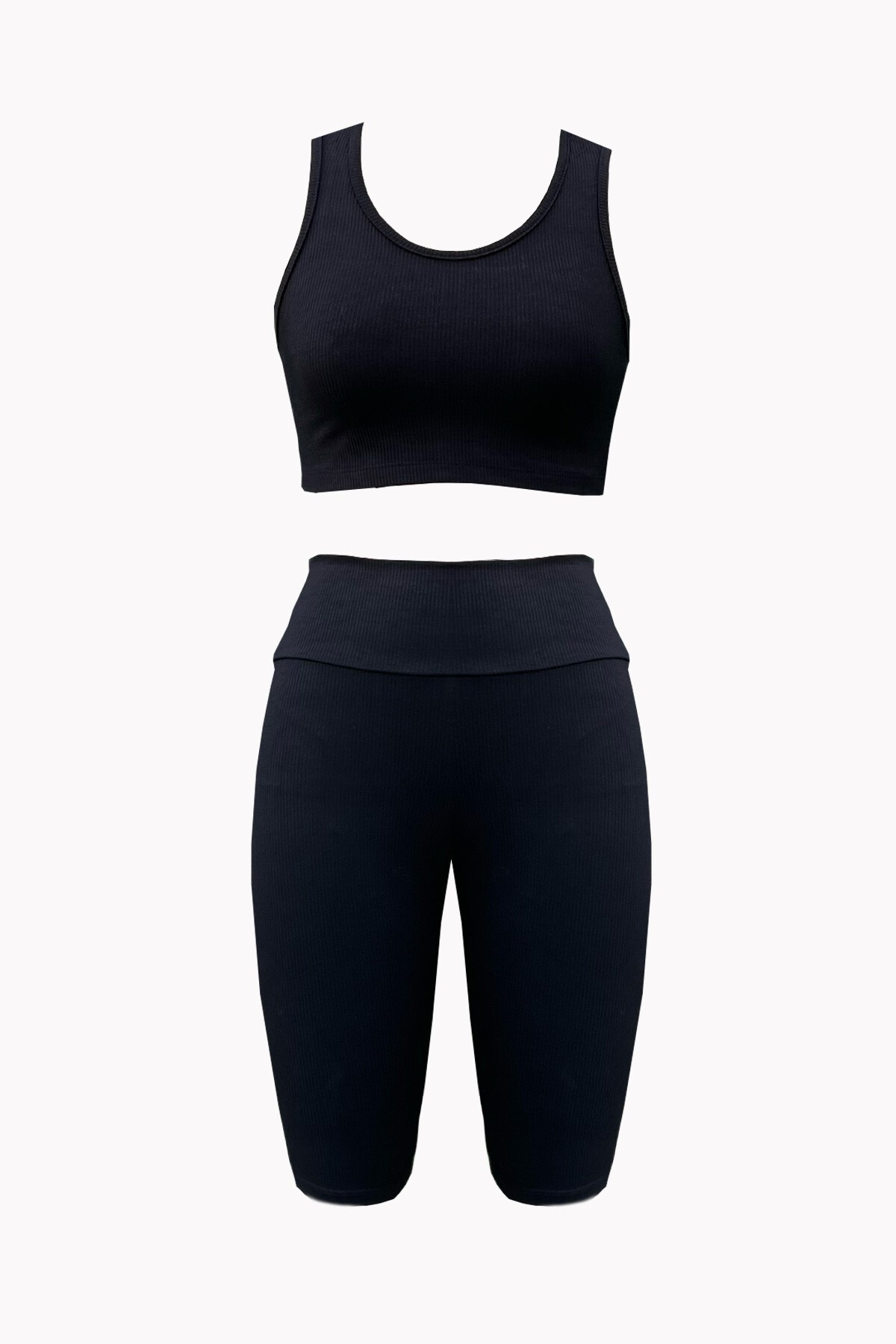 Siyah Bisiklet Yaka Fitilli Crop Ve Tayt Takım