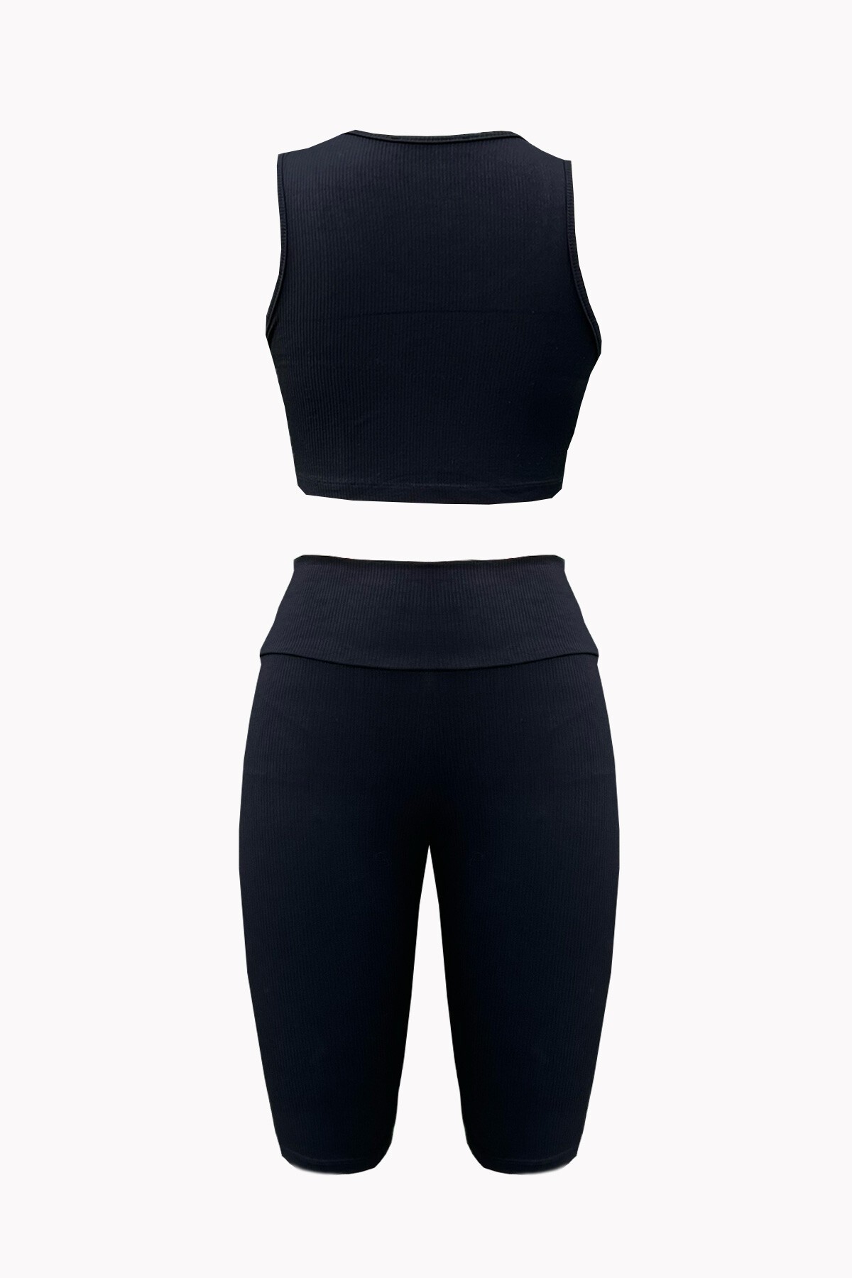 Siyah Bisiklet Yaka Fitilli Crop Ve Tayt Takım