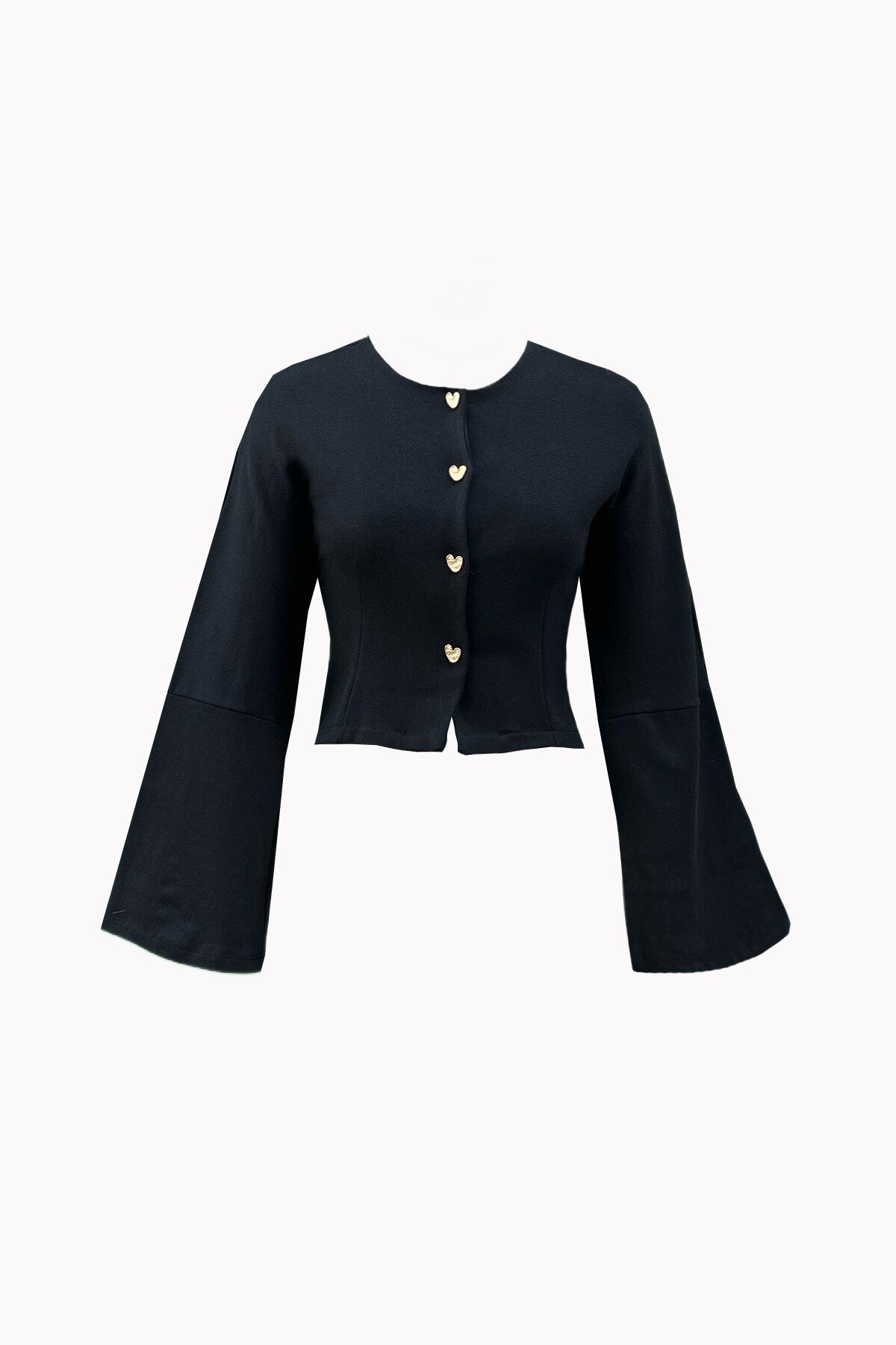 Siyah Bisiklet Yaka Gold Kalp Düğmeli Örme Hırka