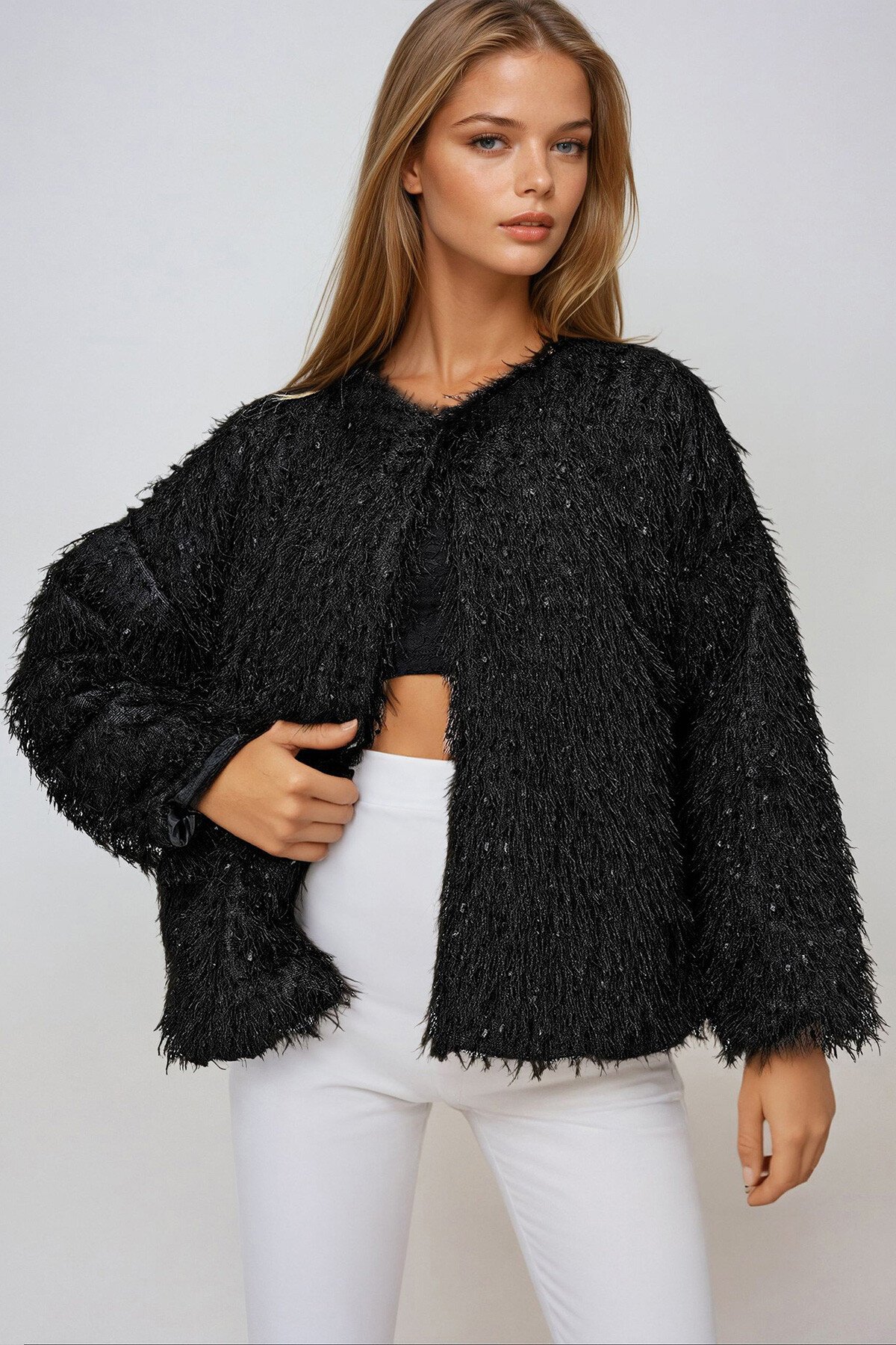 Siyah Bisiklet Yaka İçi Astarlı Sakal İp Ceket