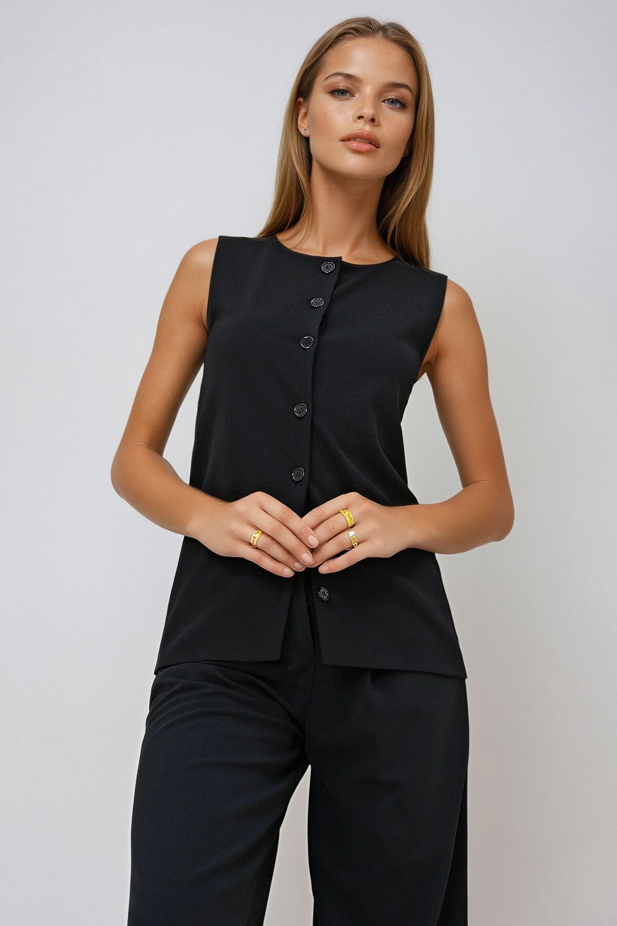 Siyah Bisiklet Yaka Örme Krep Uzun Yelek