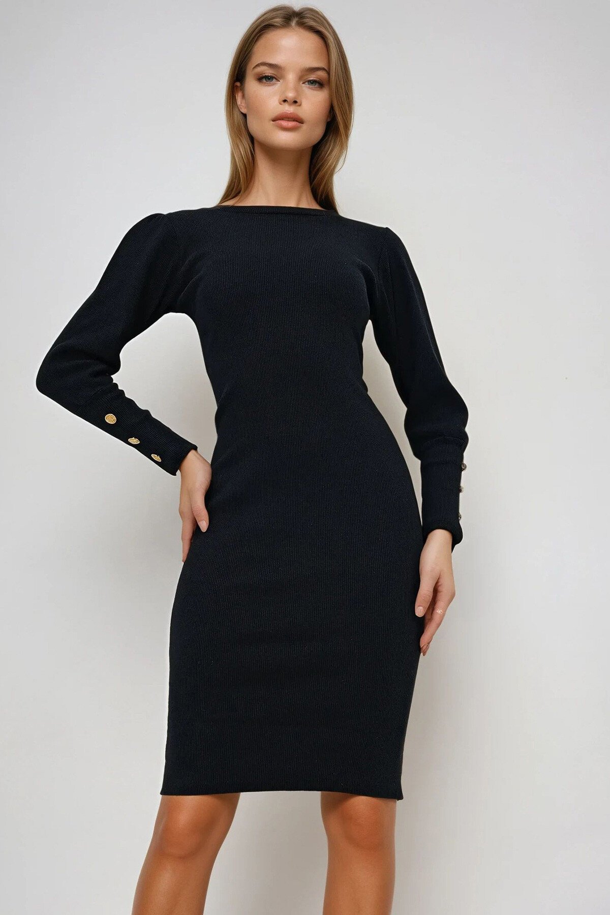 Siyah Bisiklet Yaka Prenses Kol Basic Elbise