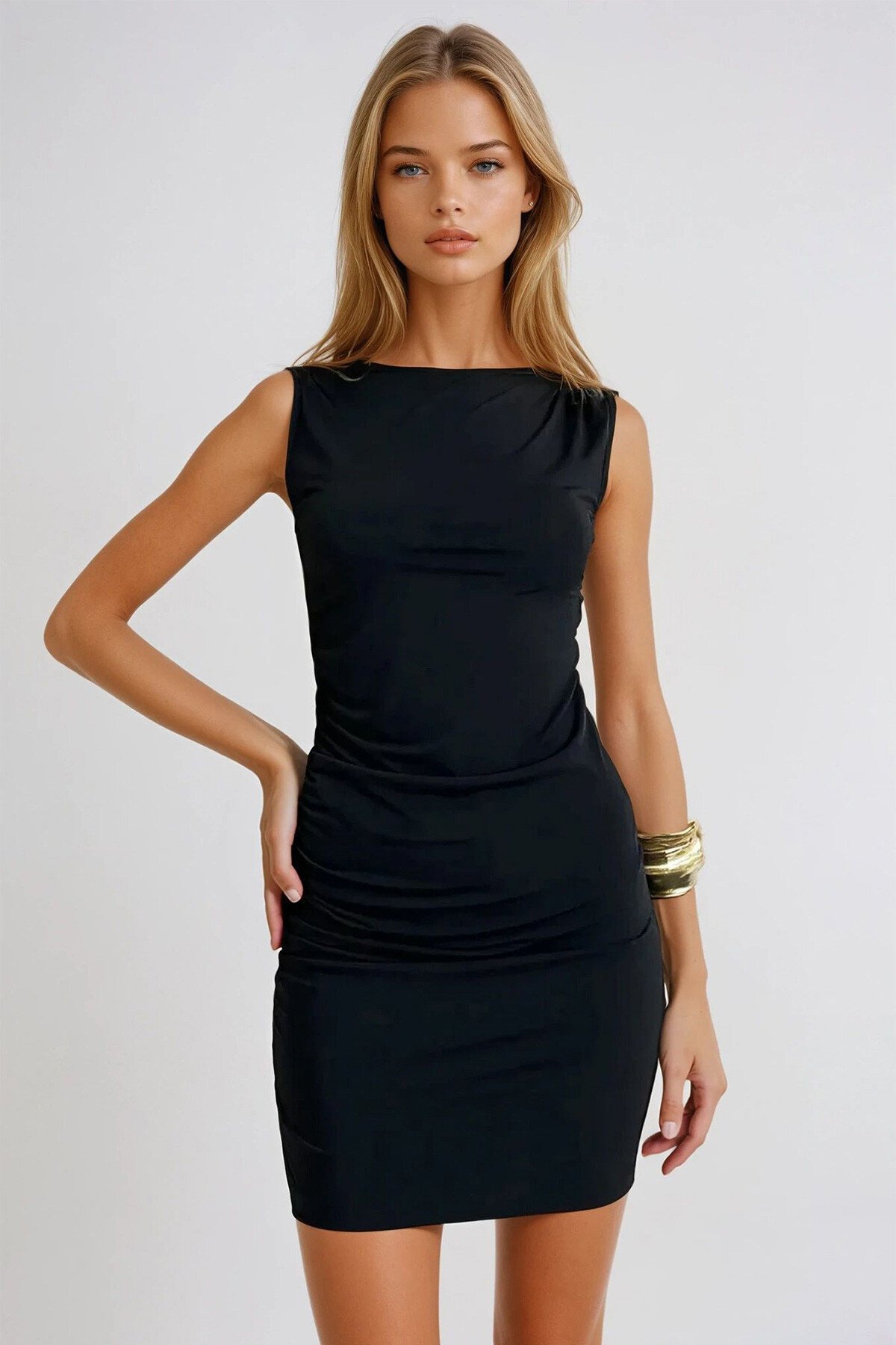 Siyah Bisiklet Yaka Yanları Drapeli Kolsuz Mini Elbise