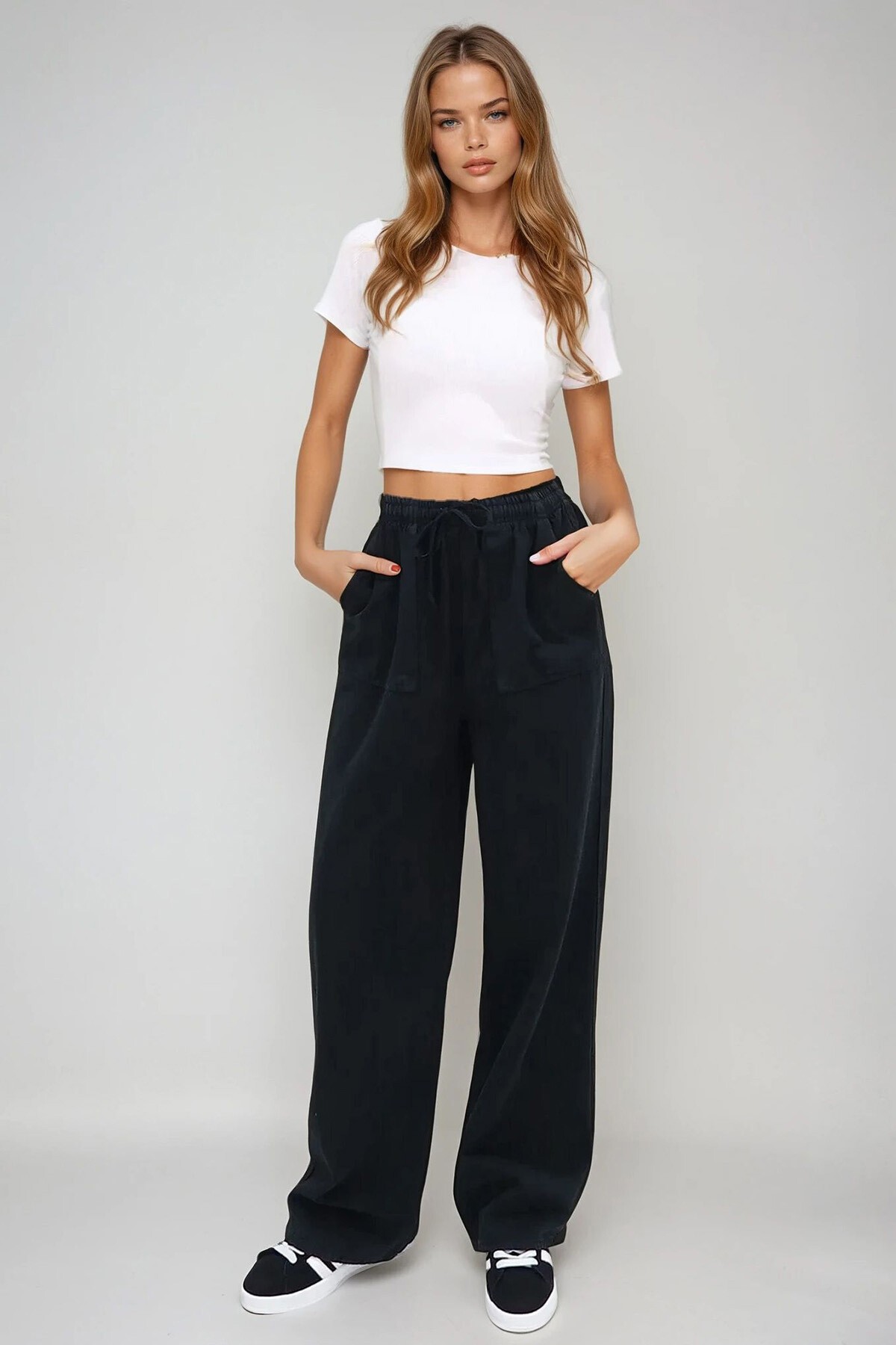 Siyah Çift Cepli Bağlamalı Gabardin Palazzo Pantolon