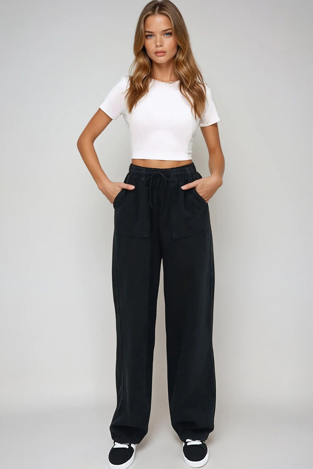 Siyah Çift Cepli Bağlamalı Gabardin Palazzo Pantolon