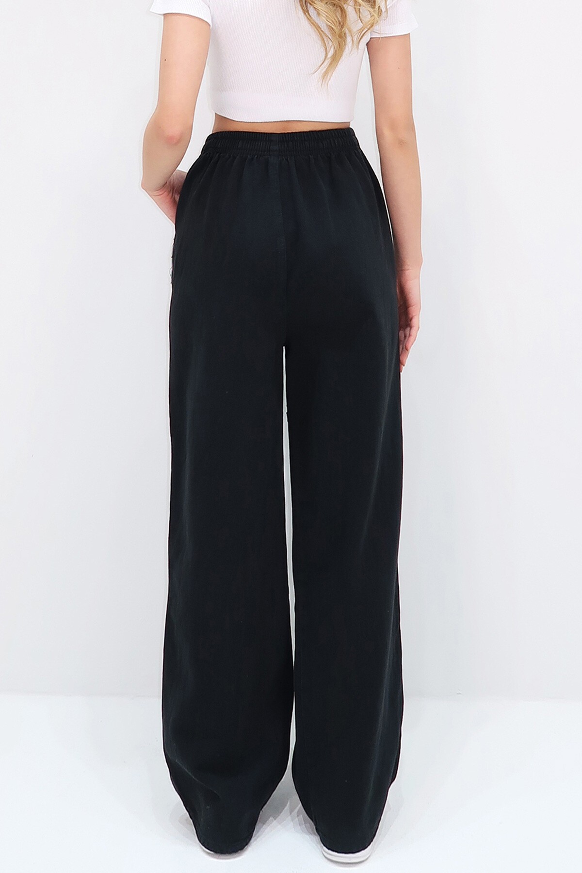 Siyah Çift Cepli Bağlamalı Gabardin Palazzo Pantolon