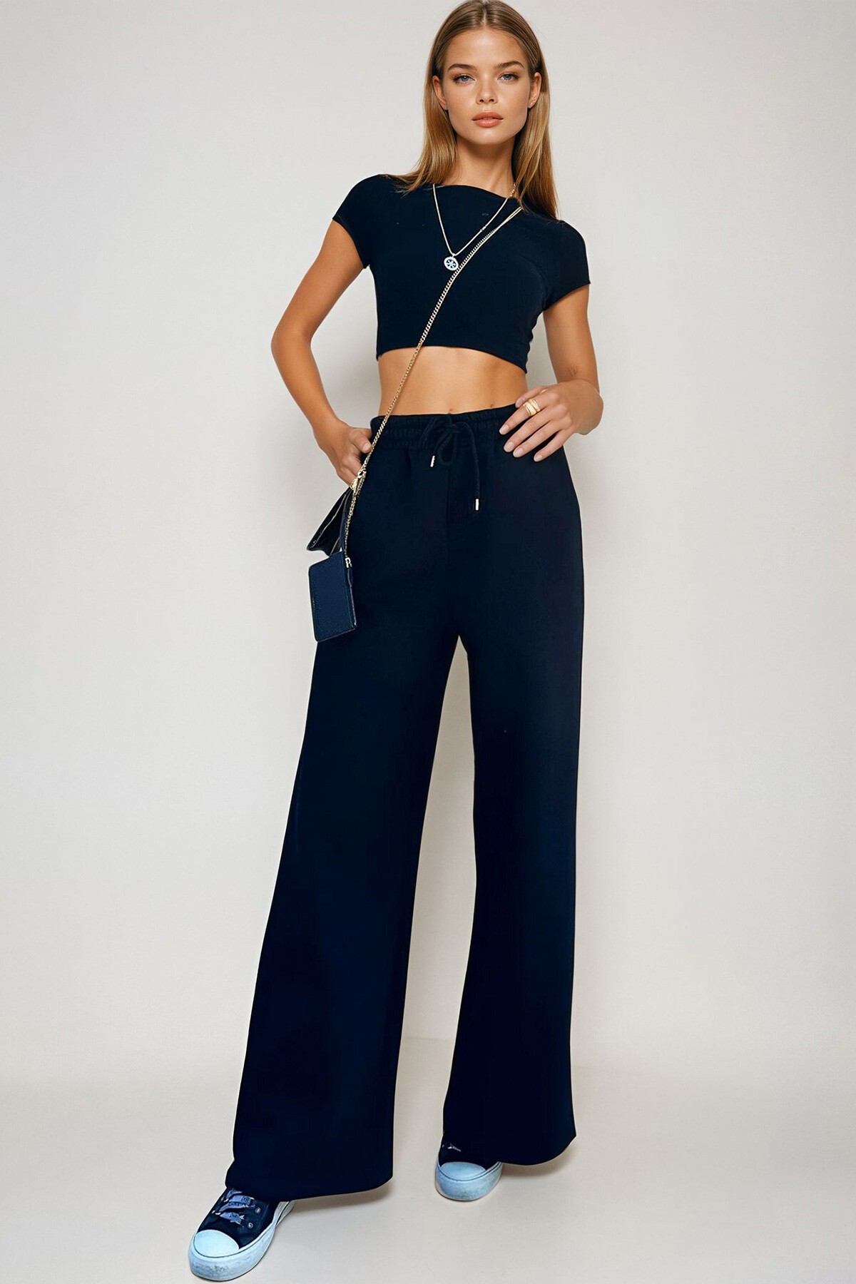 Siyah Çift Cepli İçi Şardonlu 3 İplik Palazzo Pantolon