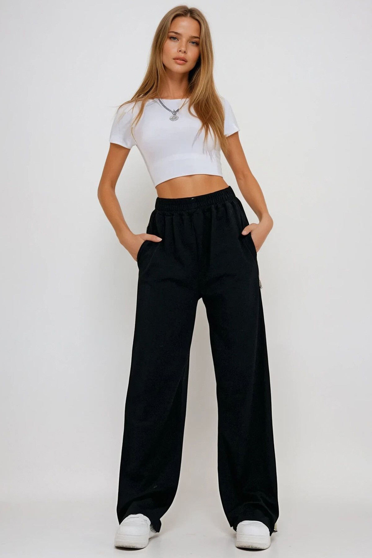 Siyah Çift Cepli Lastikli Yanları Şeritli Wide Leg Pantolon
