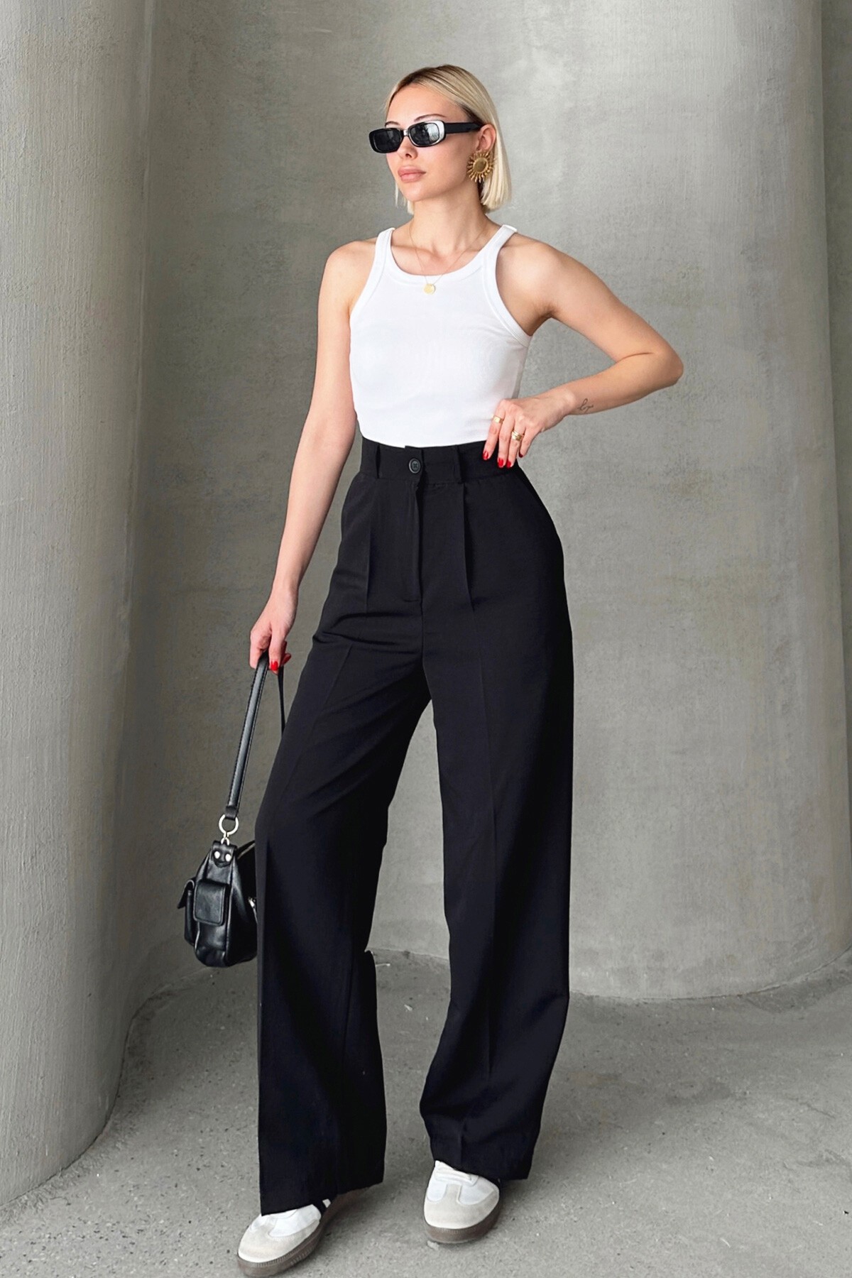 Siyah Çift Cepli Pileli Keten Palazzo Pantolon