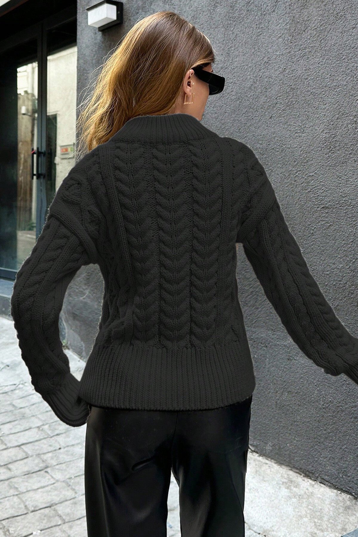 Siyah Çift Fermuarlı Örgü Desenli Triko Hırka