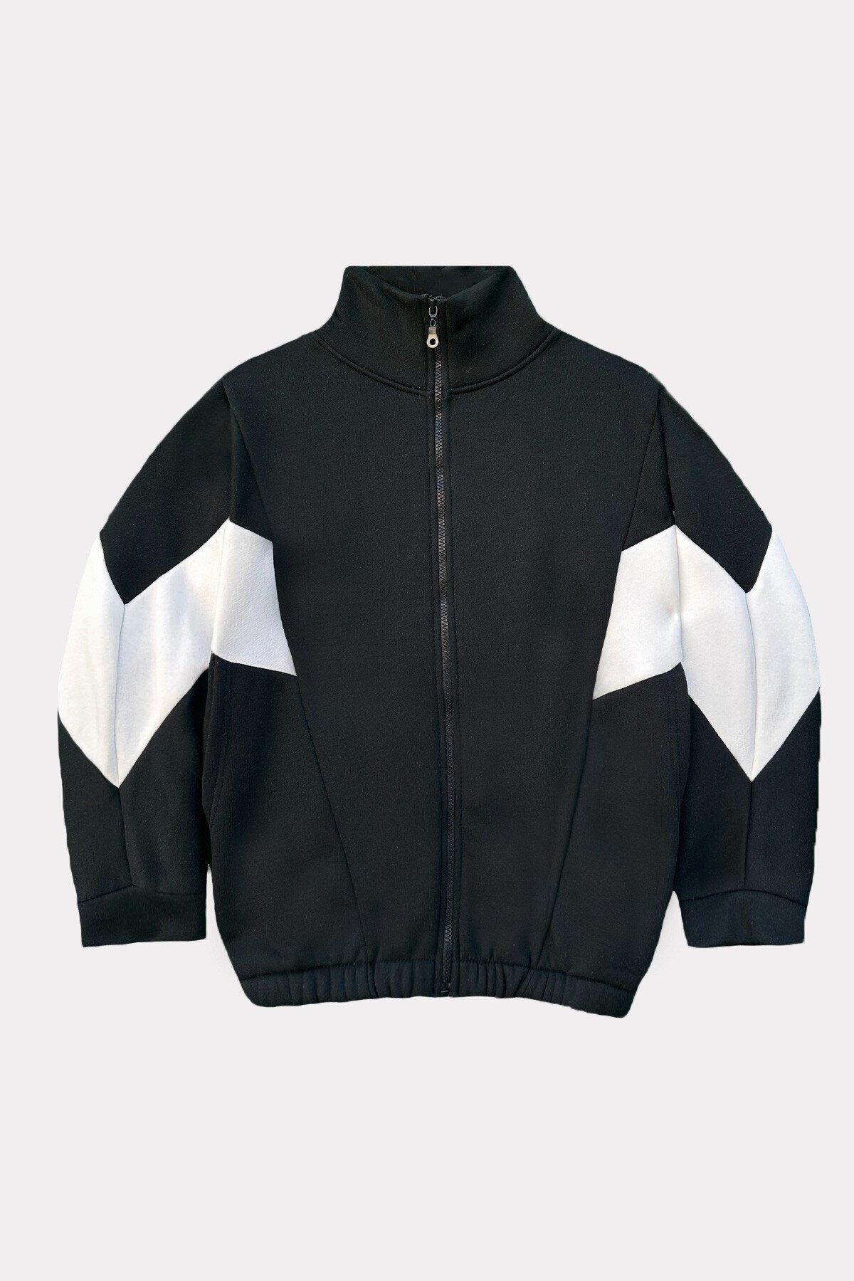 Siyah Dik Yaka İçi Şardonlu Fermuarlı Asimetrik Baskı Detaylı Sweatshirt