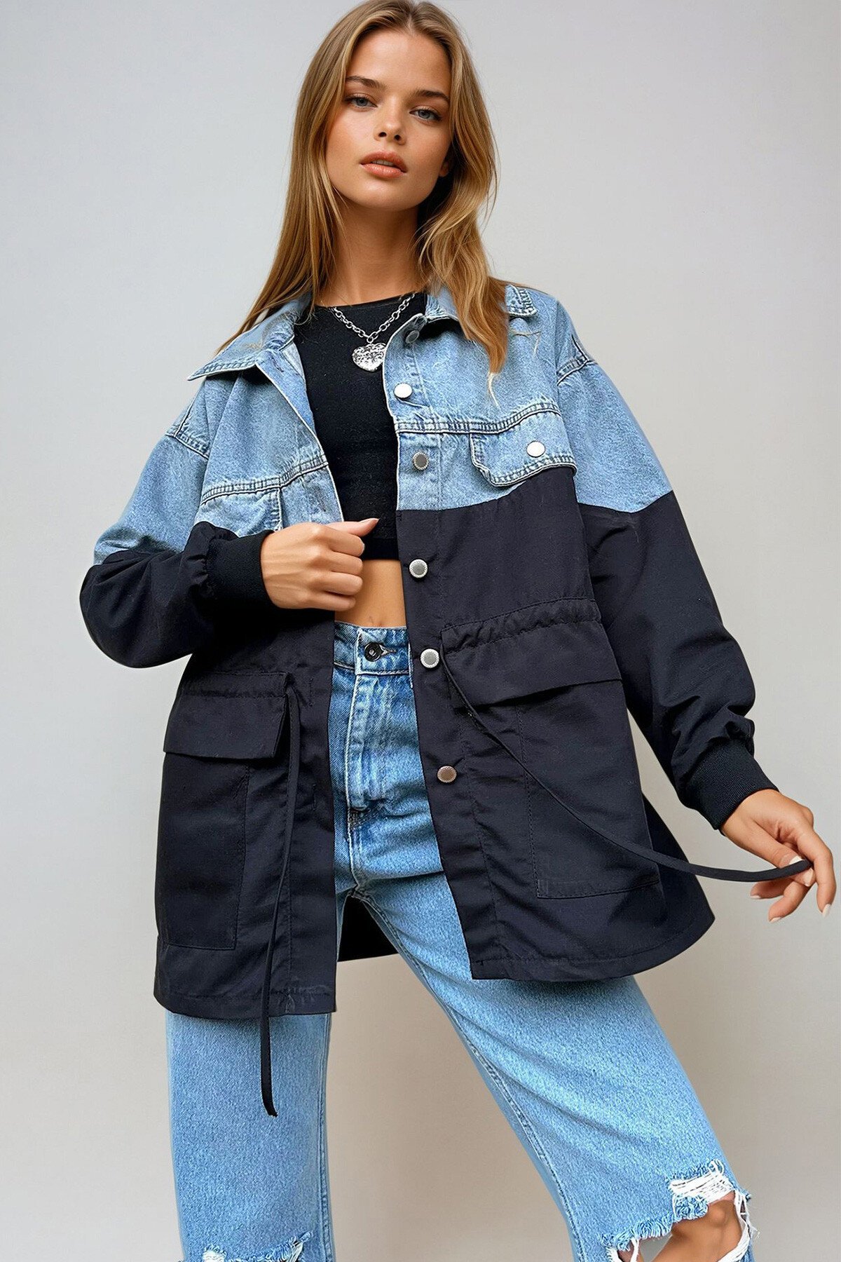 Siyah Dört Cepli Paraşüt Garnili Oversize Jean Ceket