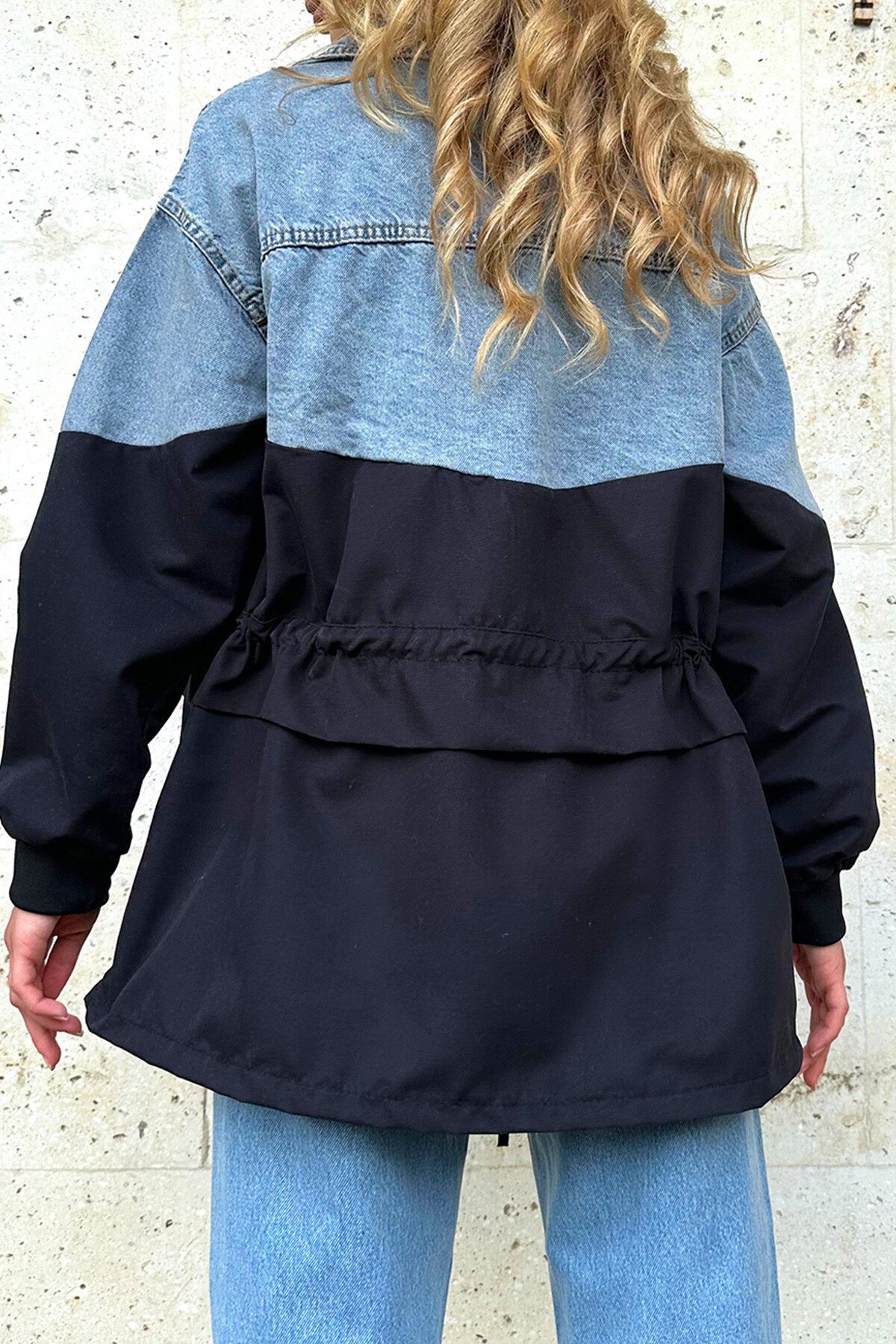 Siyah Dört Cepli Paraşüt Garnili Oversize Jean Ceket