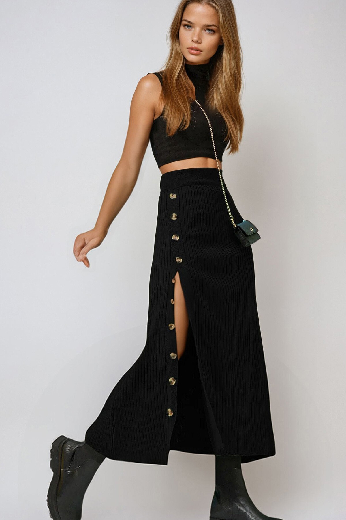 Siyah Düğme Detaylı Triko Etek