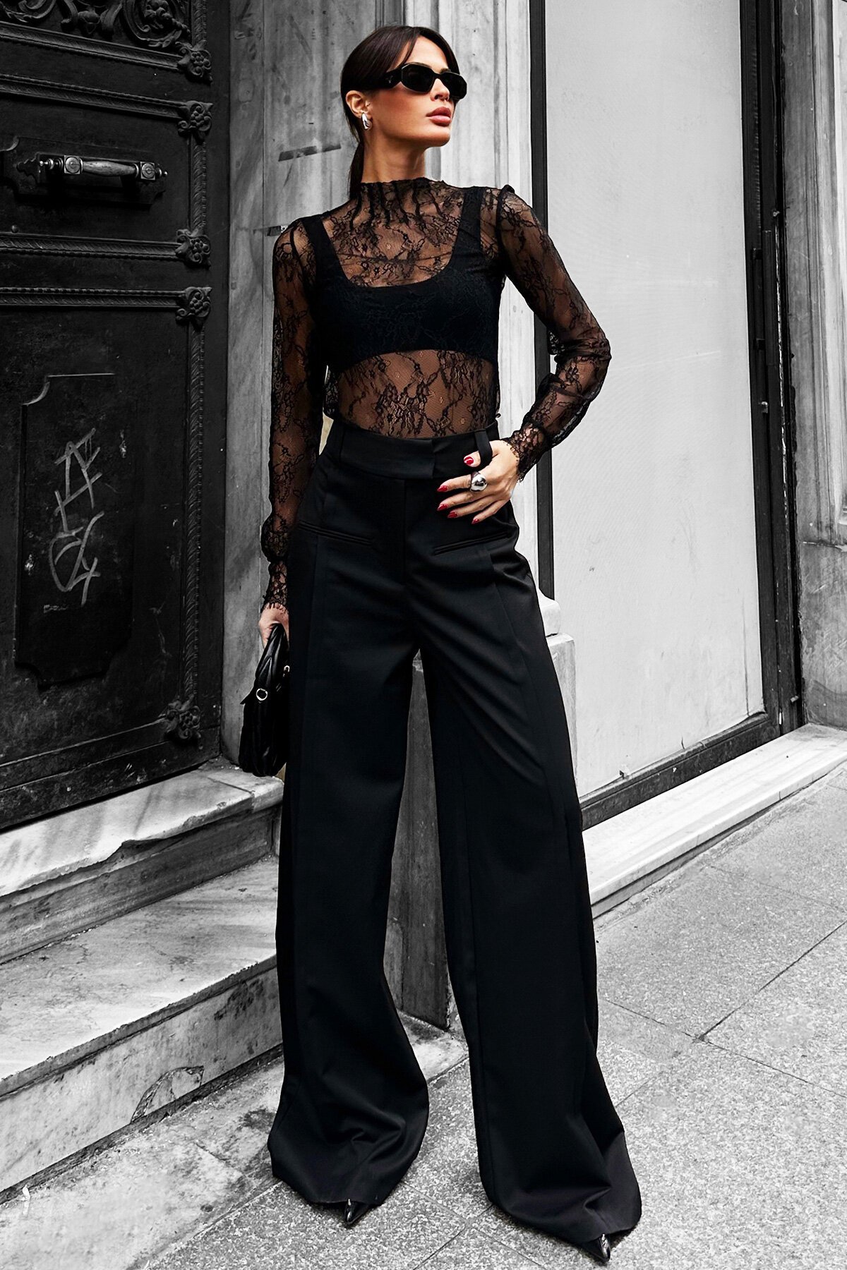 Siyah Fleto Cepli Palazzo Pantolon