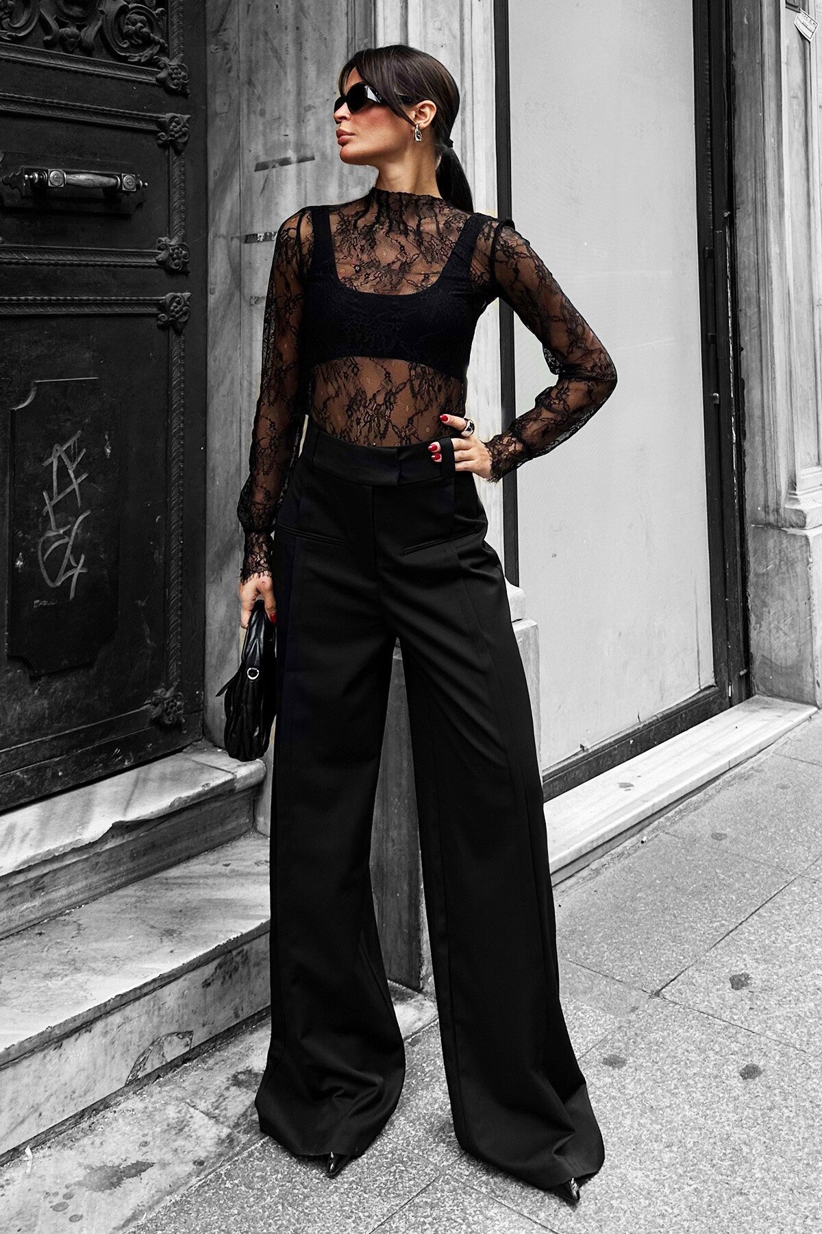 Siyah Fleto Cepli Palazzo Pantolon