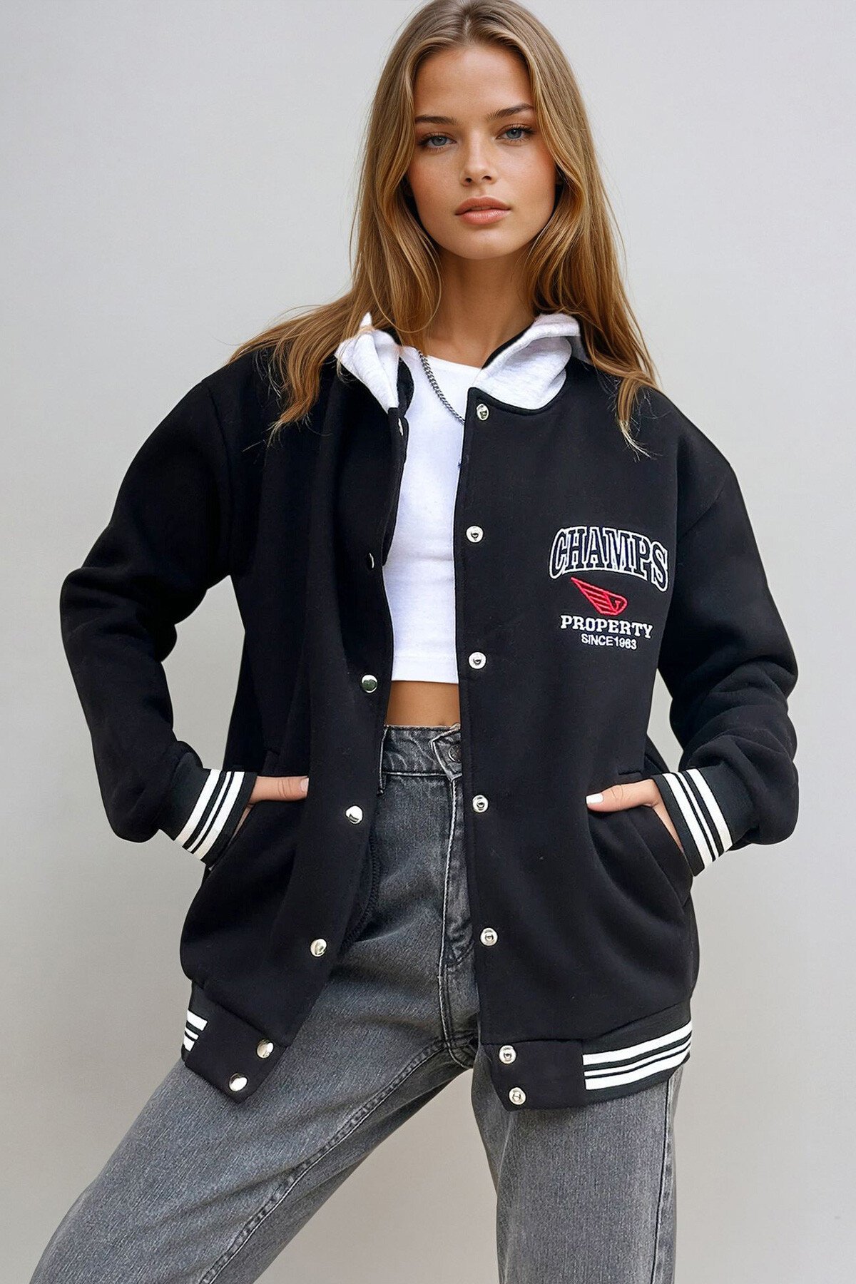 Siyah Kapüşon Detaylı Baskılı Düğmeli Bomber Ceket