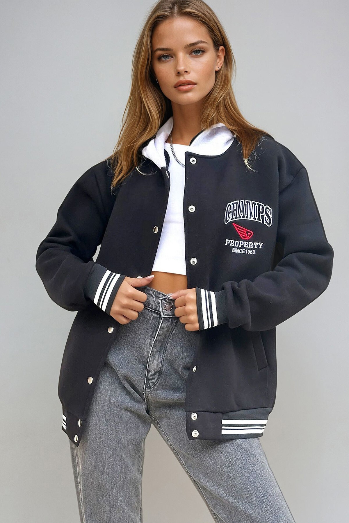 Siyah Kapüşon Detaylı Baskılı Düğmeli Bomber Ceket