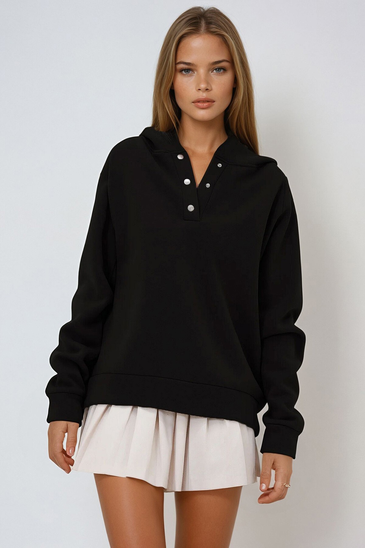 Siyah Kapüşonlu Çıtçıt Kapamalı 3 İplik İçi Şardonlu Oversize Sweatshirt