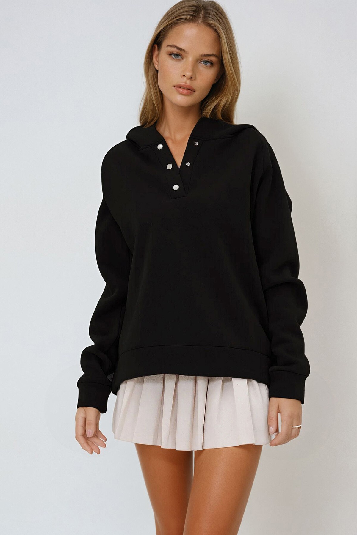 Siyah Kapüşonlu Çıtçıt Kapamalı 3 İplik İçi Şardonlu Oversize Sweatshirt