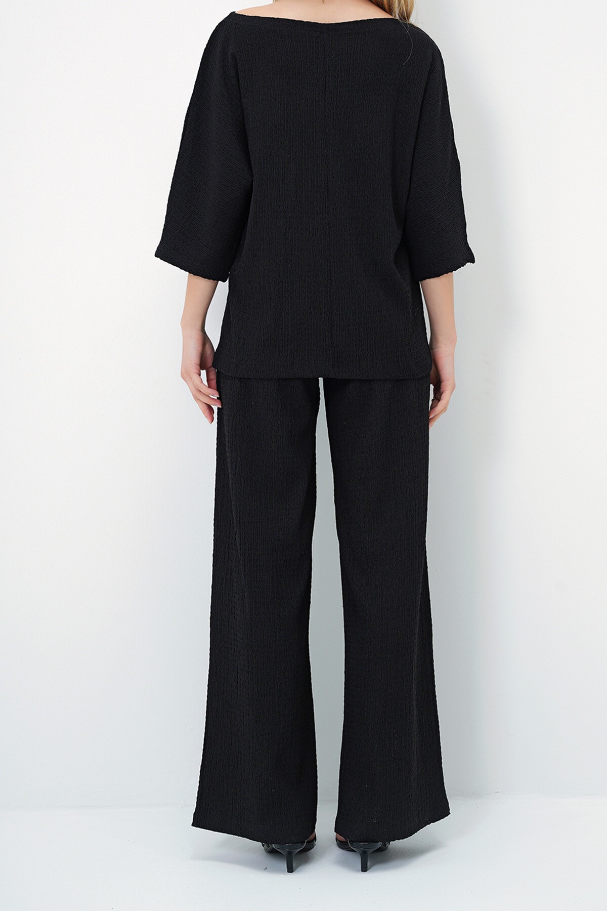 Siyah Kayık Yaka Yarasa Kol Salaş Bluz Ve Palazzo Pantolon Bürümcük Takım