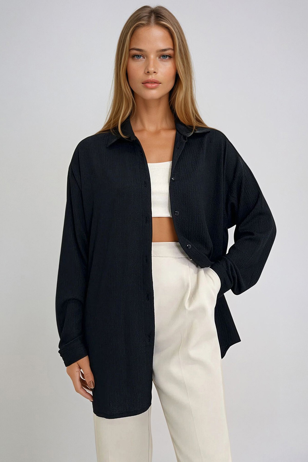 Siyah Krinkıl Kumaş Boyfriend Gömlek