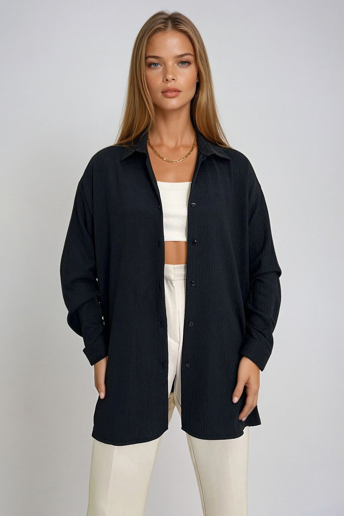 Siyah Krinkıl Kumaş Boyfriend Gömlek