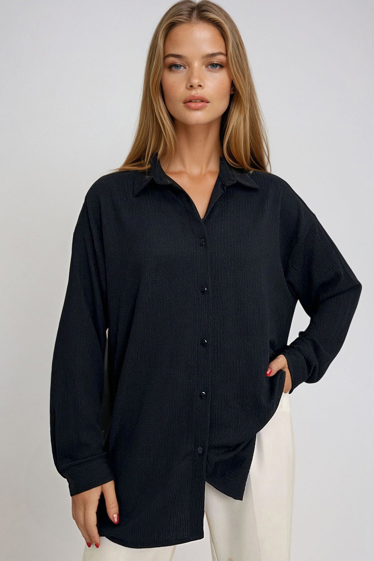 Siyah Krinkıl Kumaş Boyfriend Gömlek