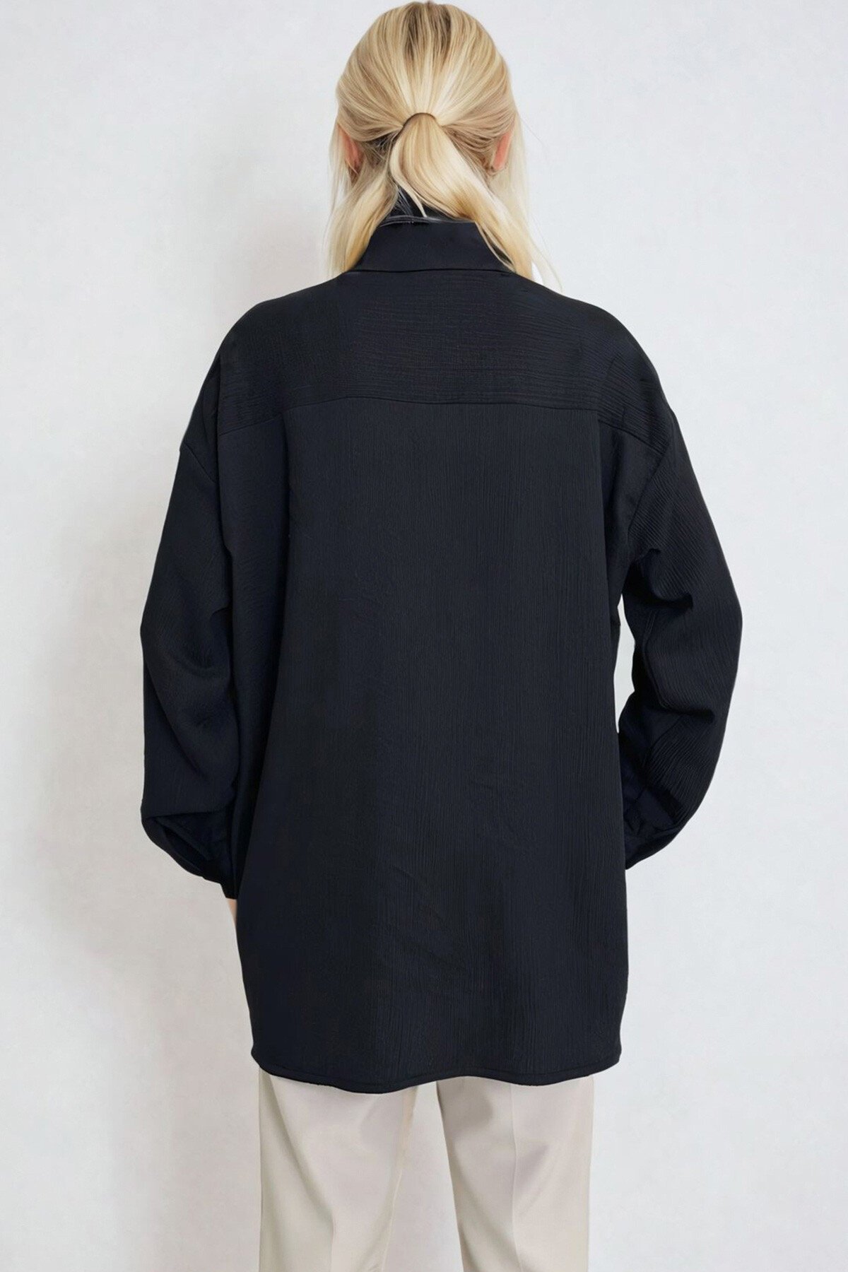 Siyah Krinkıl Kumaş Boyfriend Gömlek