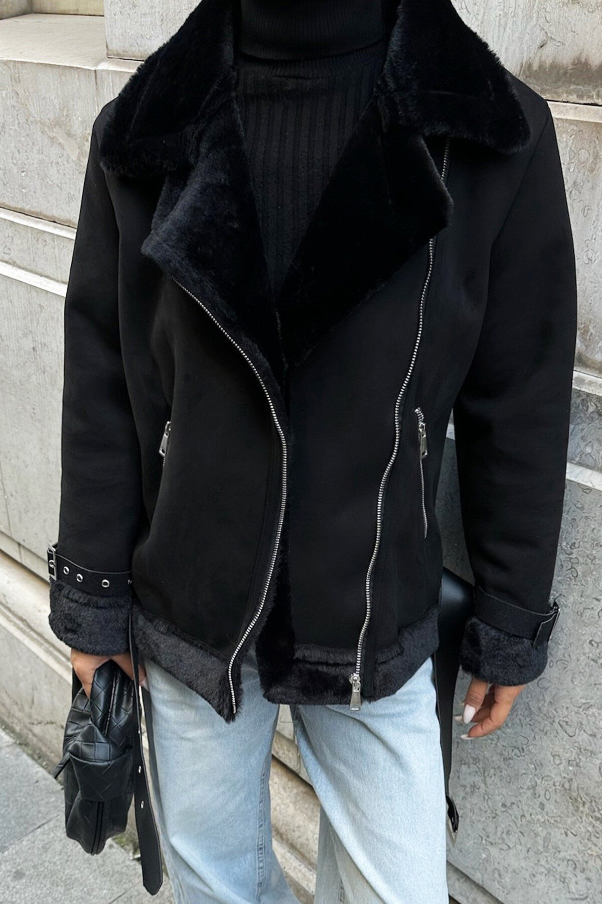 Siyah Lamineli Süet Ceket