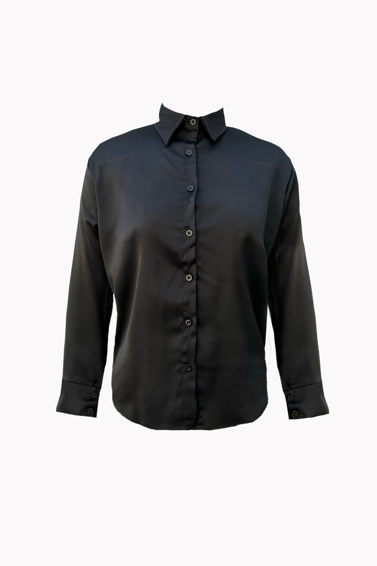 Siyah Rahat Kesim Saten Dokuma Gömlek