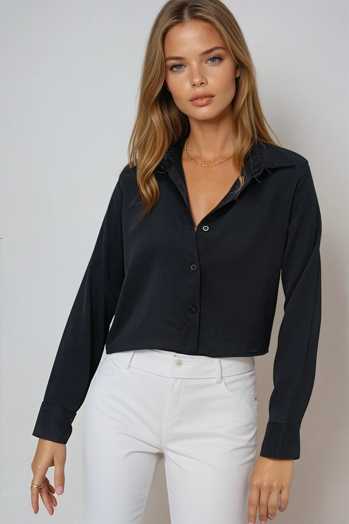 Siyah Saten Crop Gömlek