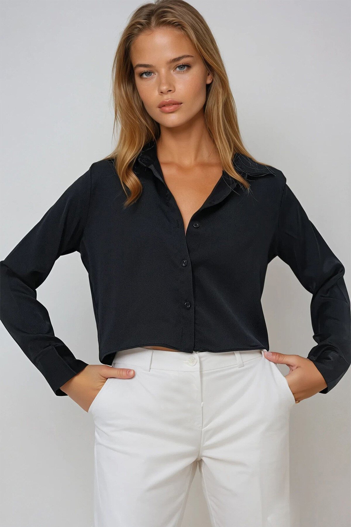 Siyah Saten Crop Gömlek