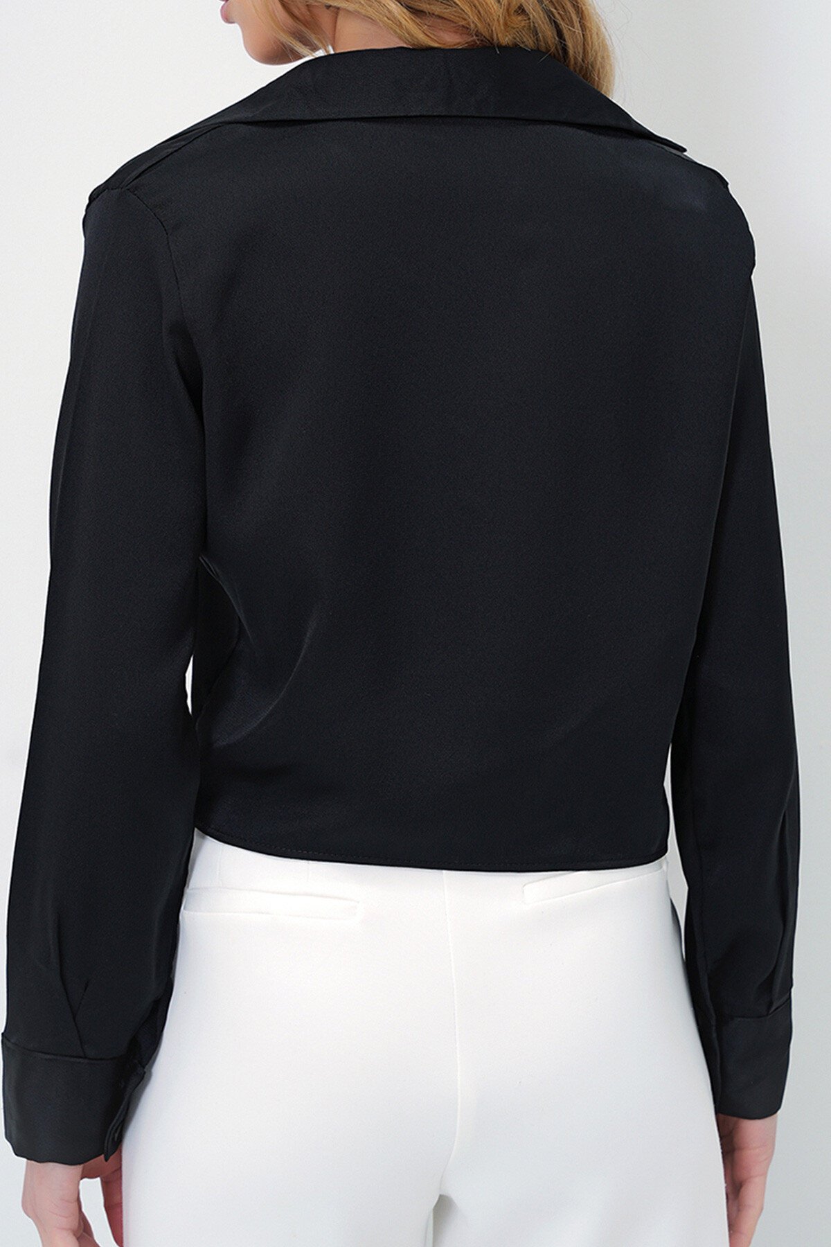 Siyah Saten Crop Gömlek