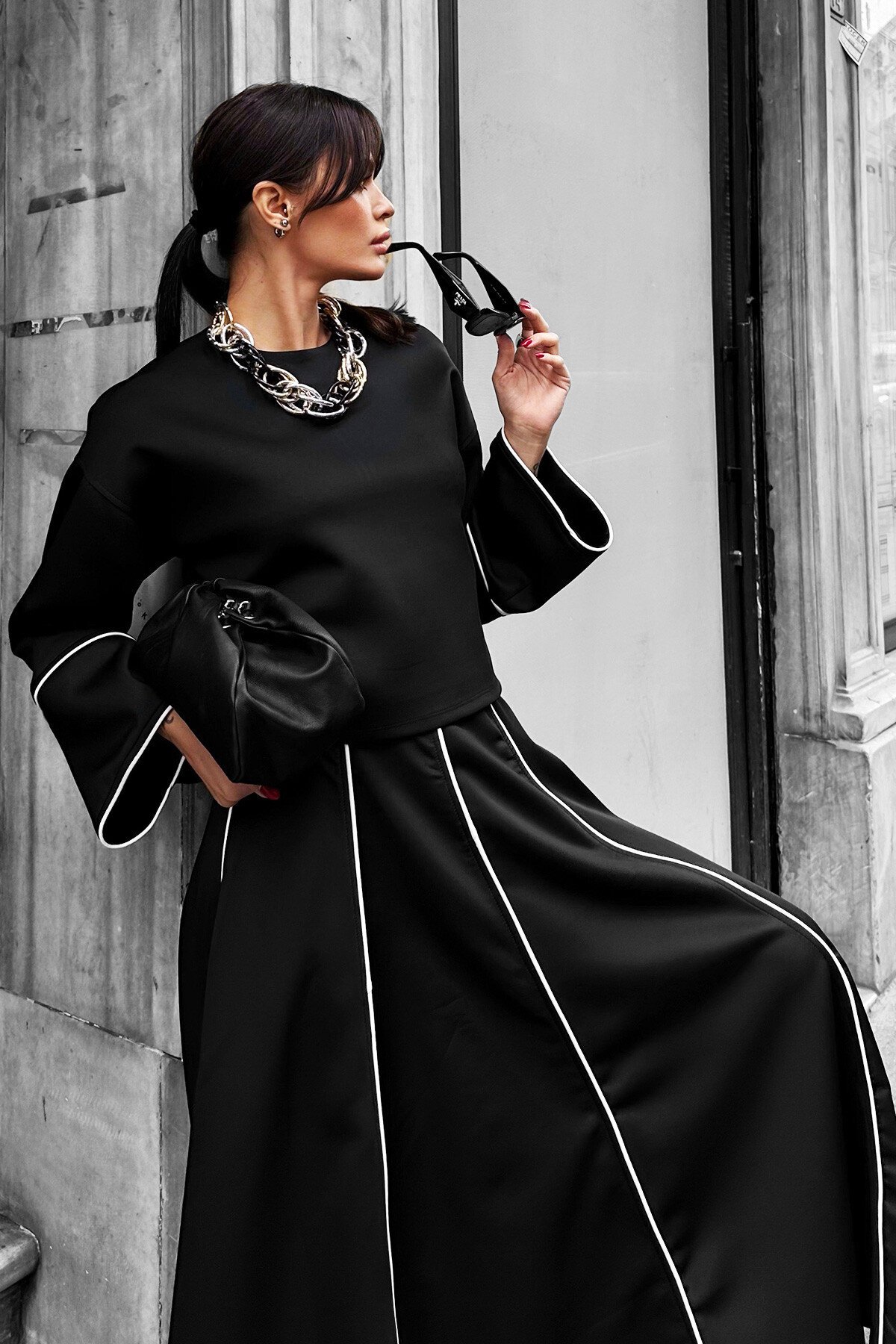 Siyah Scuba Bluz Ve Etek Takım